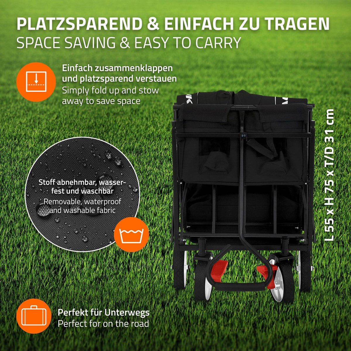 Wagen von hinten, mit abnehmbarem Stoff und Maßen, auf grünem Hintergrund.