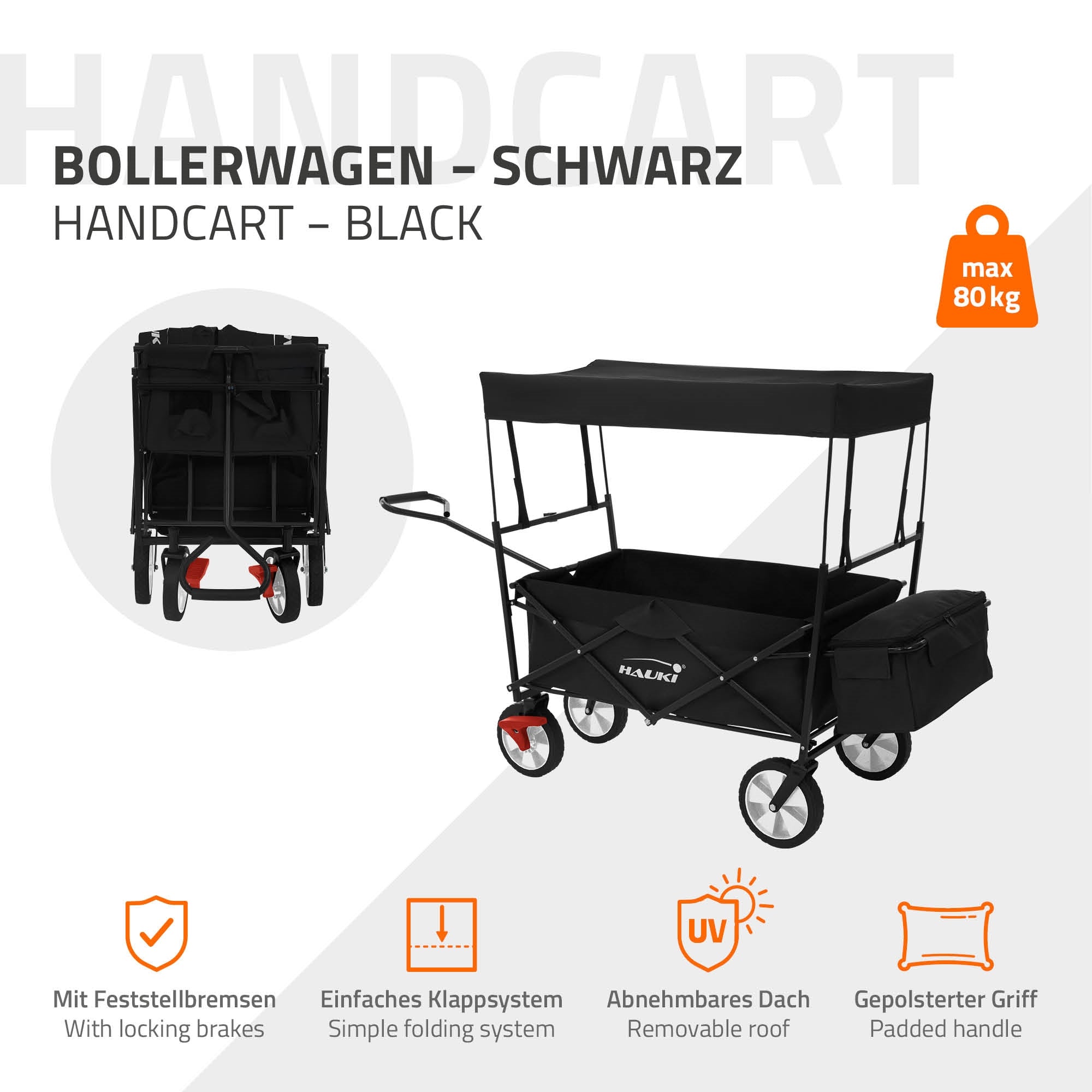 Chariot noir avec mécanisme pliant et toit amovible.