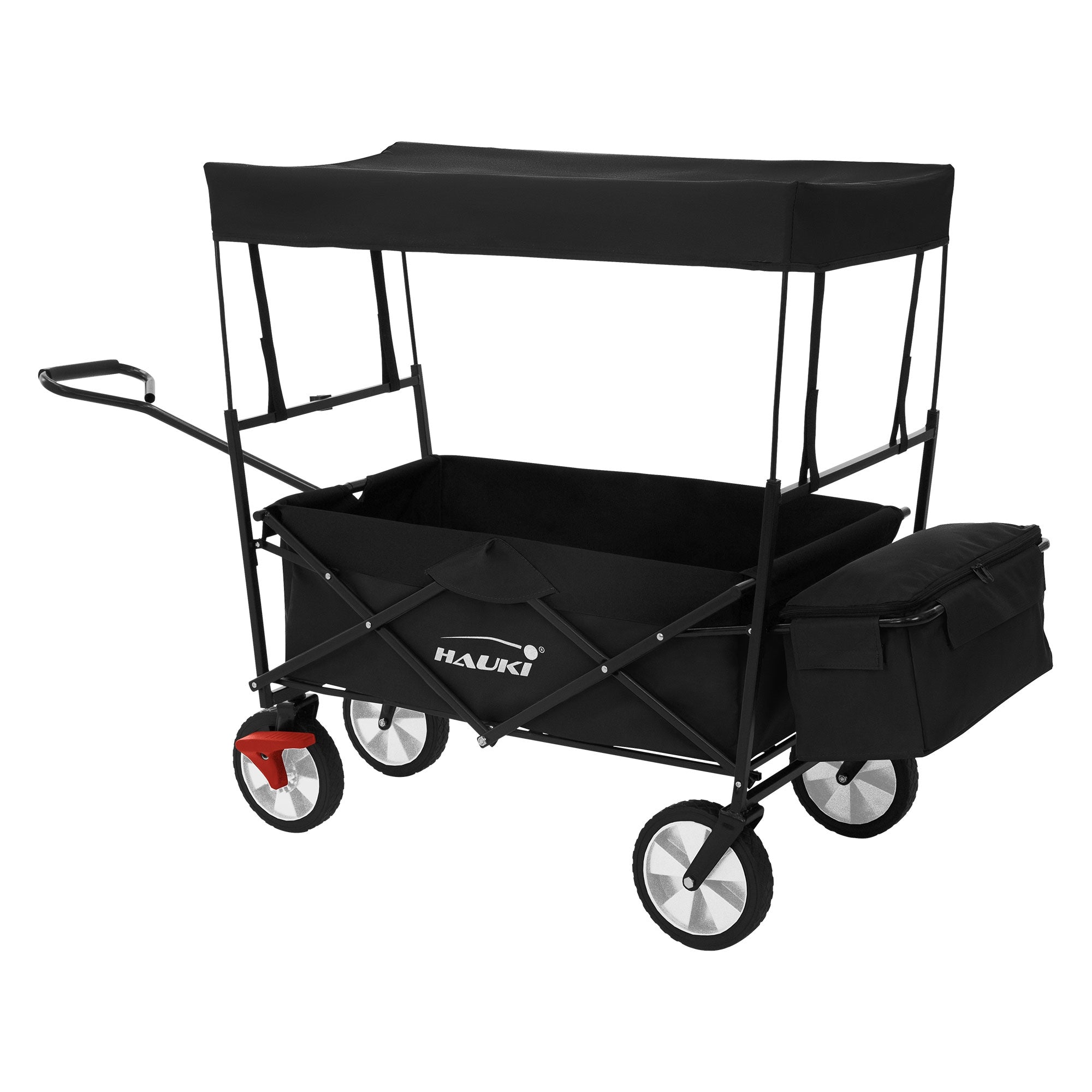 Schwarzer Kinderwagen mit Dach und großen Rädern.