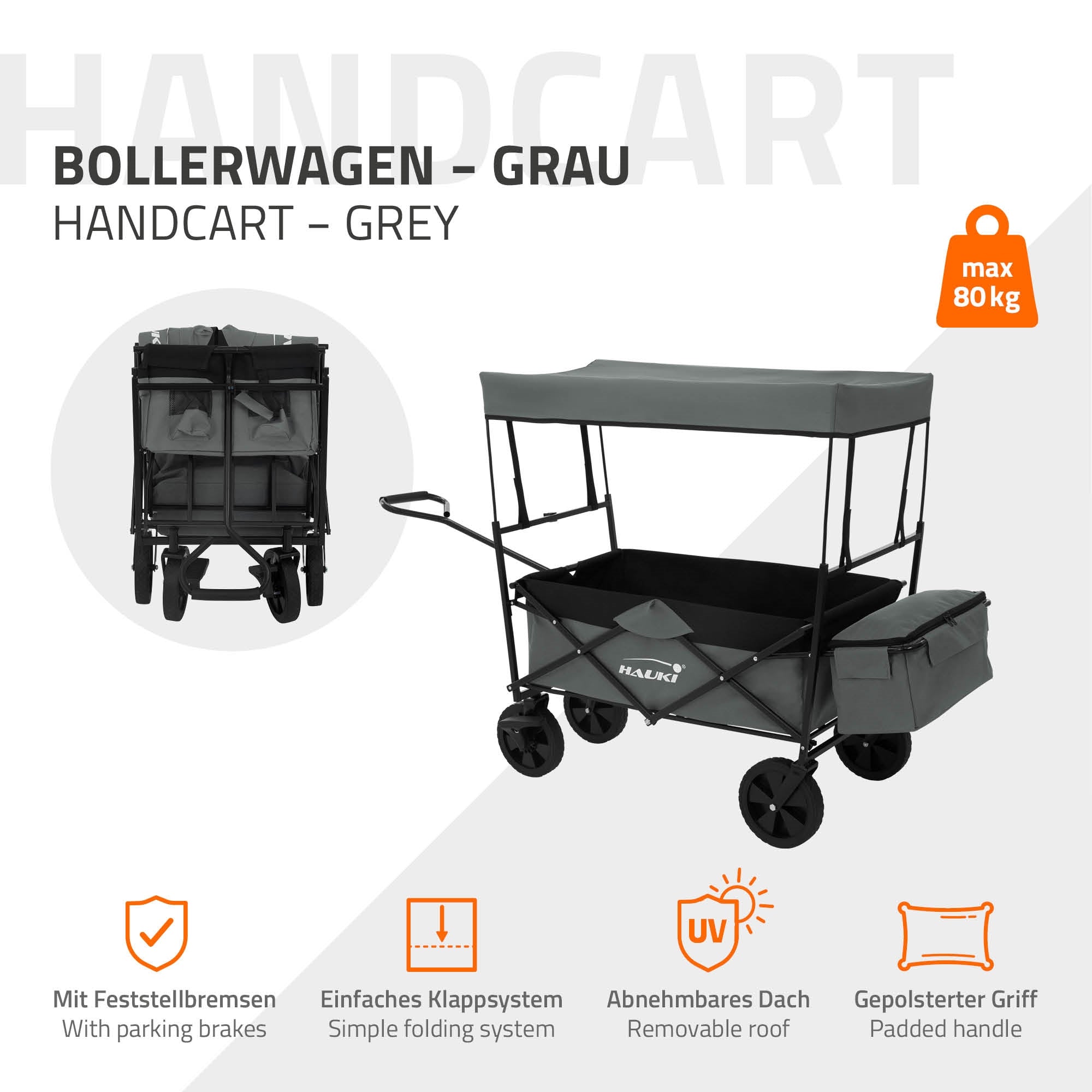 Grauer Bollerwagen mit abnehmbarem Dach und gepolstertem Griff.