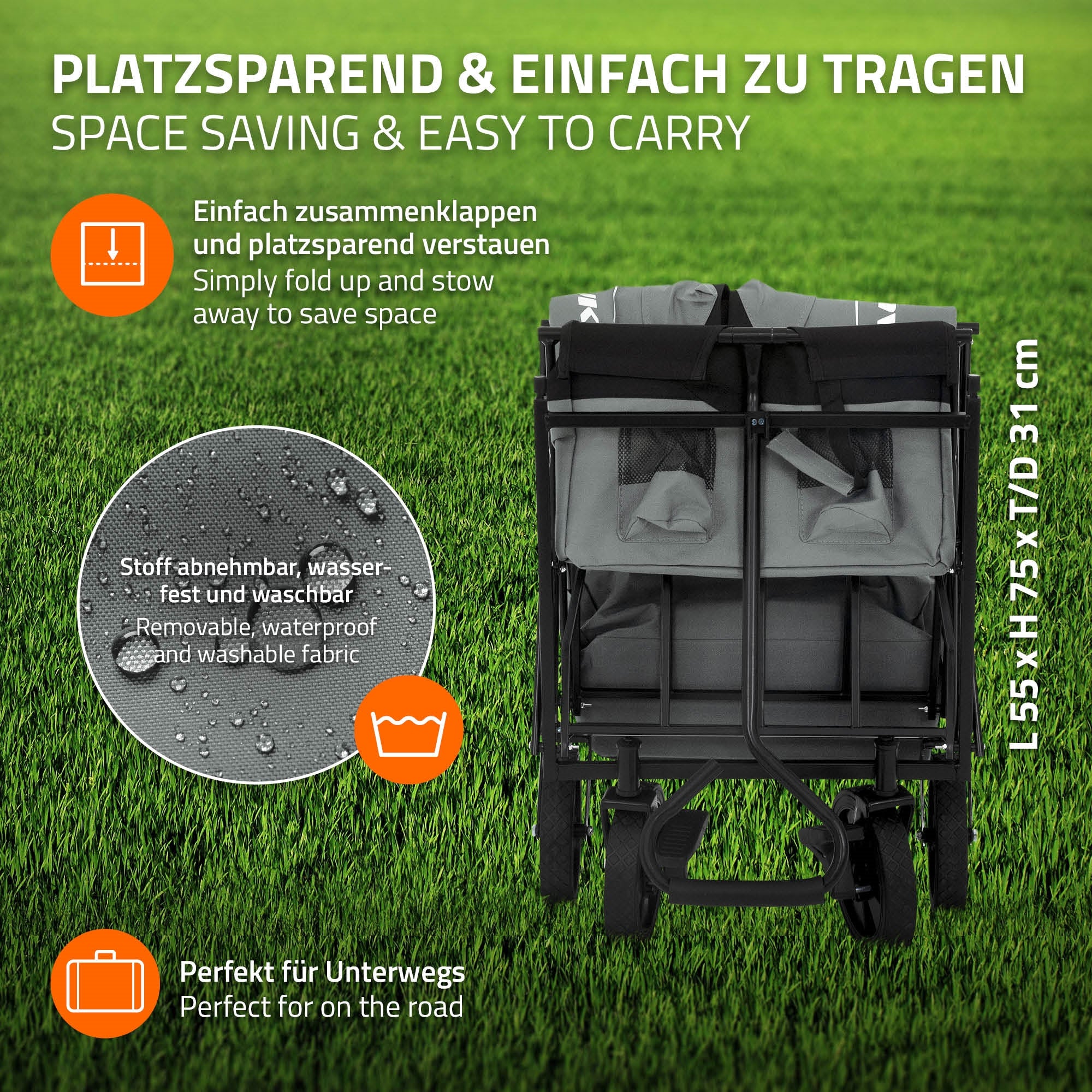 Rückansicht eines Handwagens mit abnehmbarem Stoff und Wasserabweisendem Material.