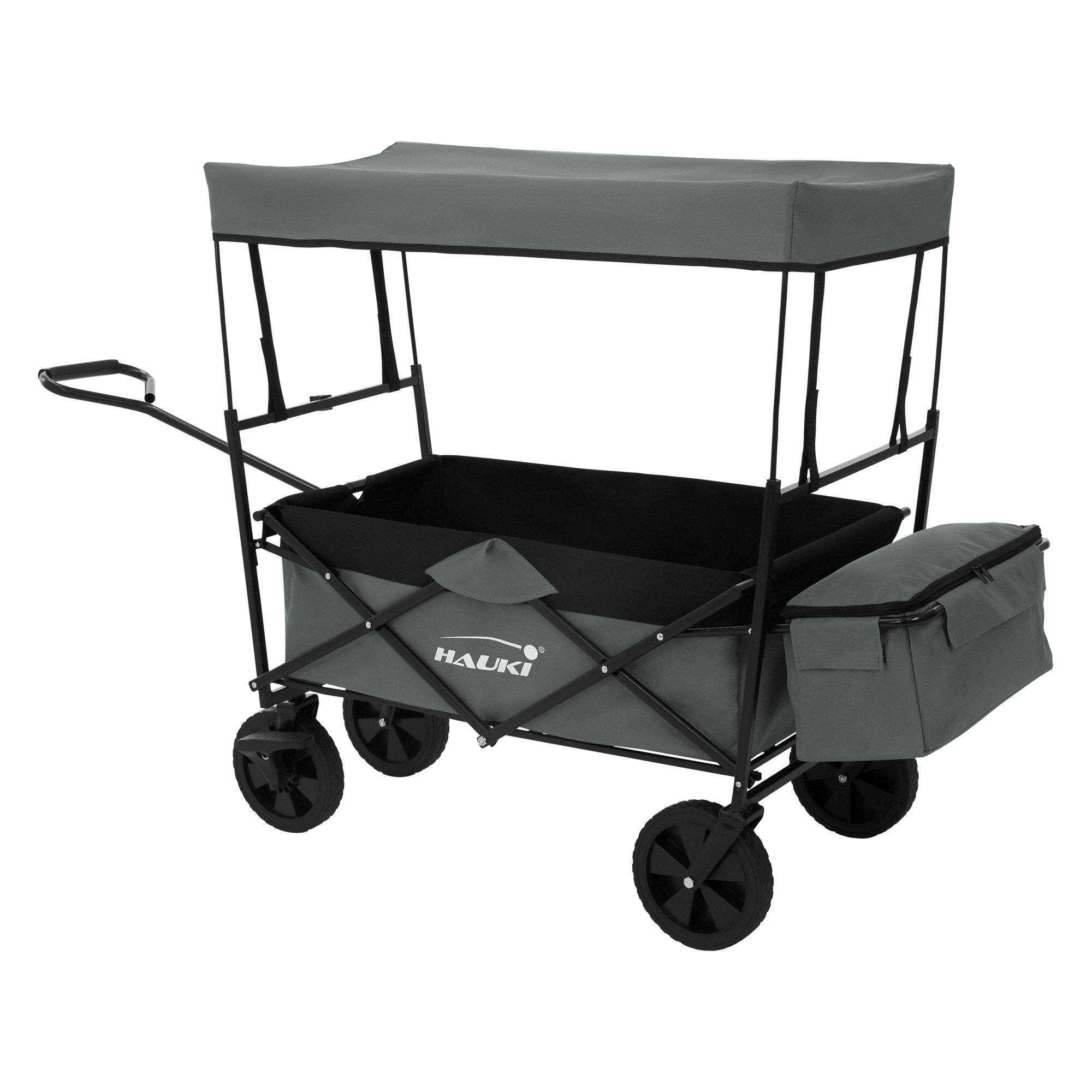 Grauer Wagen mit Dach, offen, auf weißem Hintergrund.