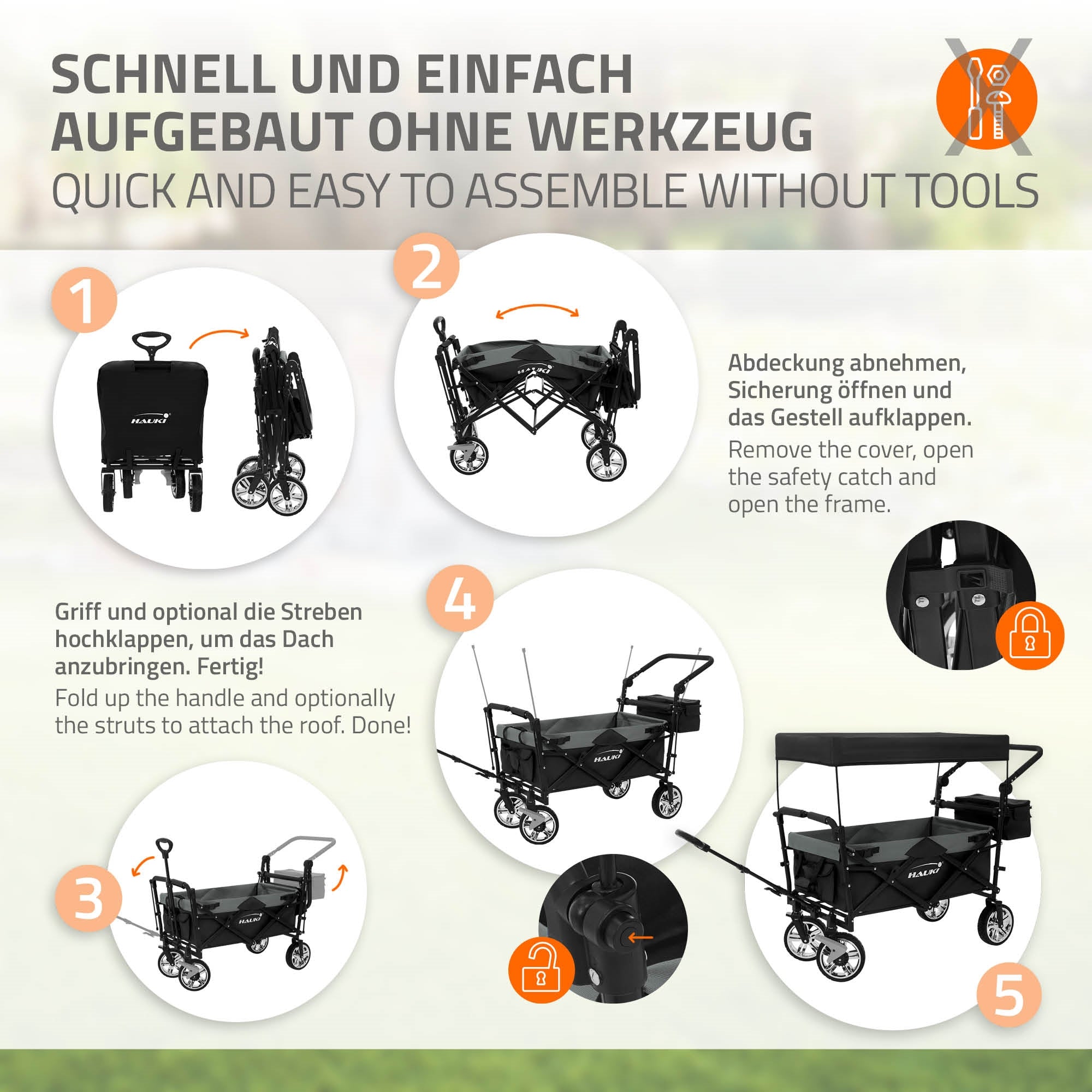 Anleitung zur Montage eines Kinderwagens ohne Werkzeuge.