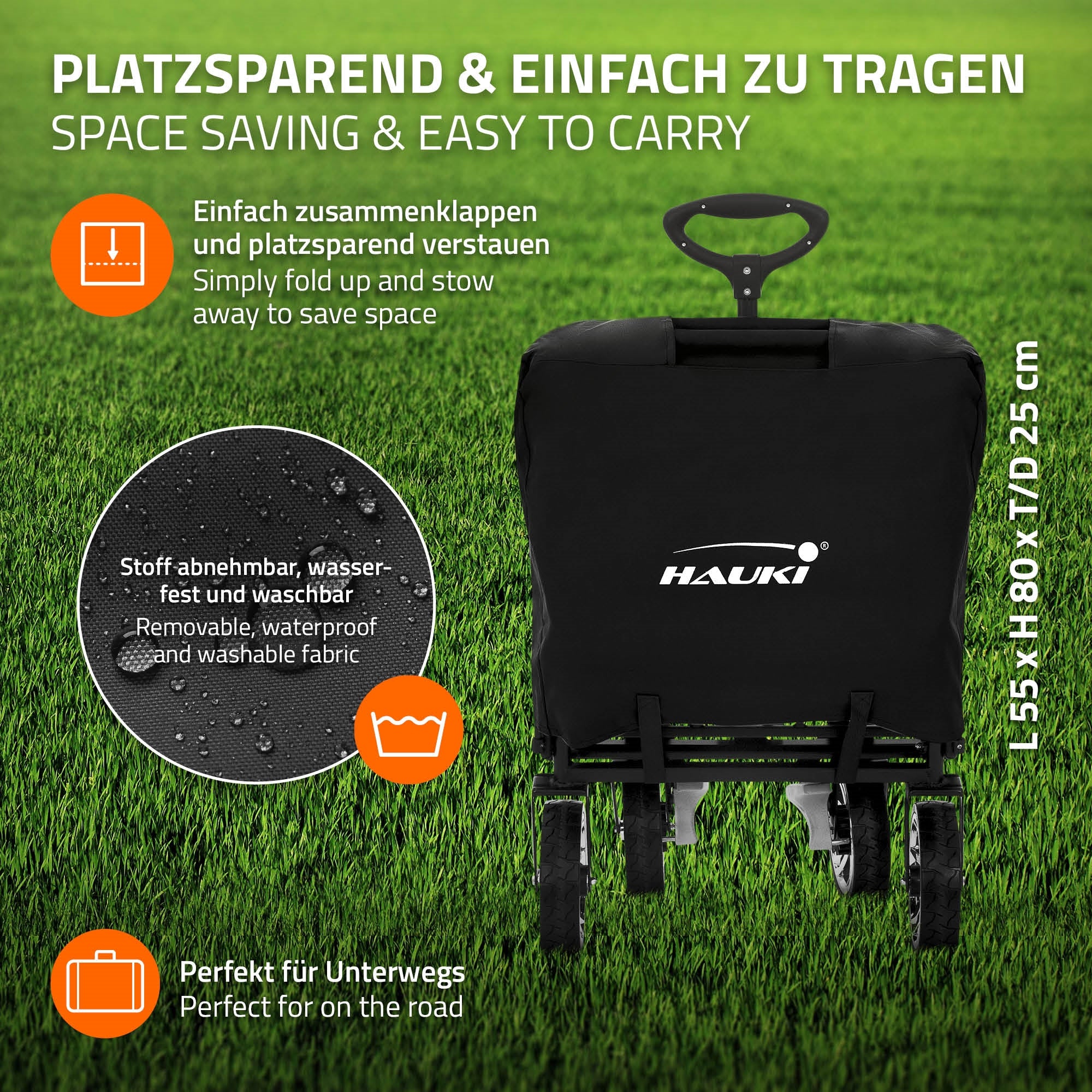 Schwarze Tragetasche für Bollerwagen auf grünem Rasen.