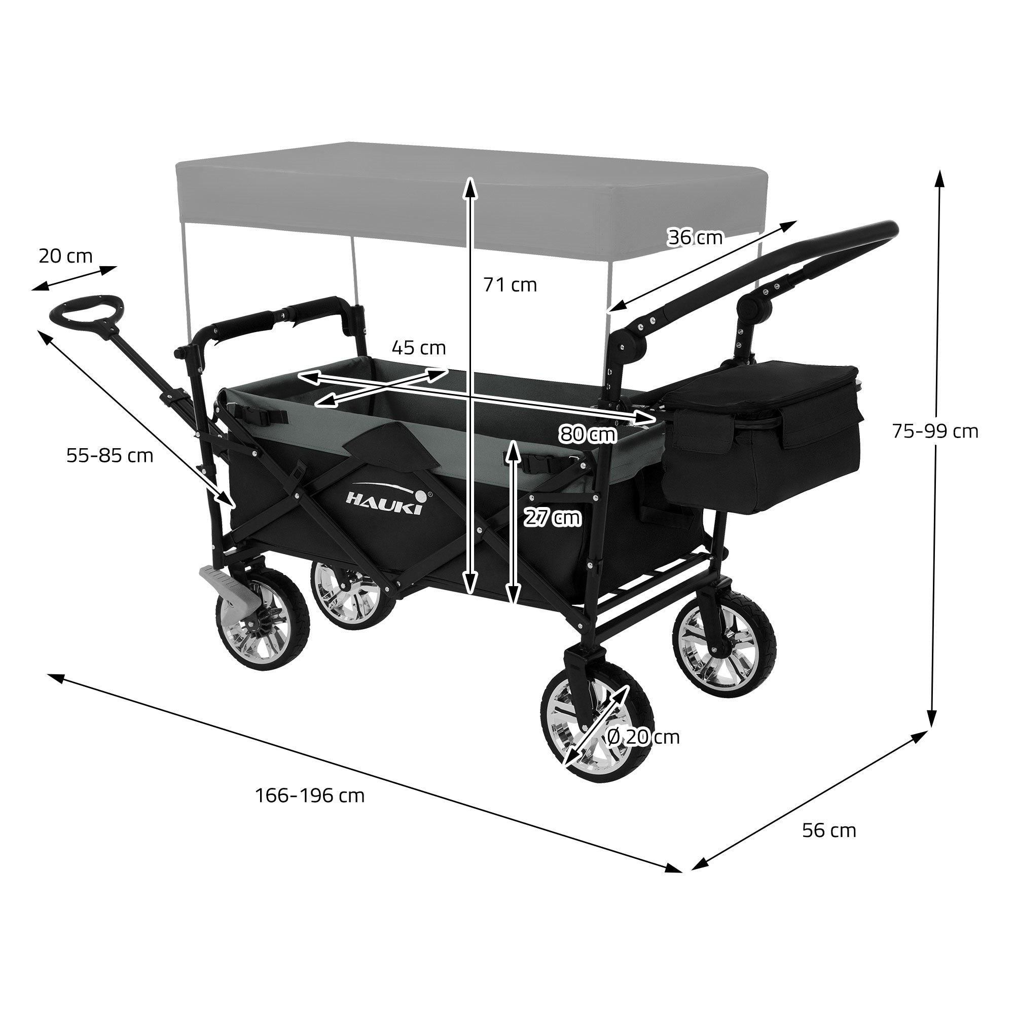 Bollerwagen mit Maßen und Abmessungen, schwarz mit Sonnendach.