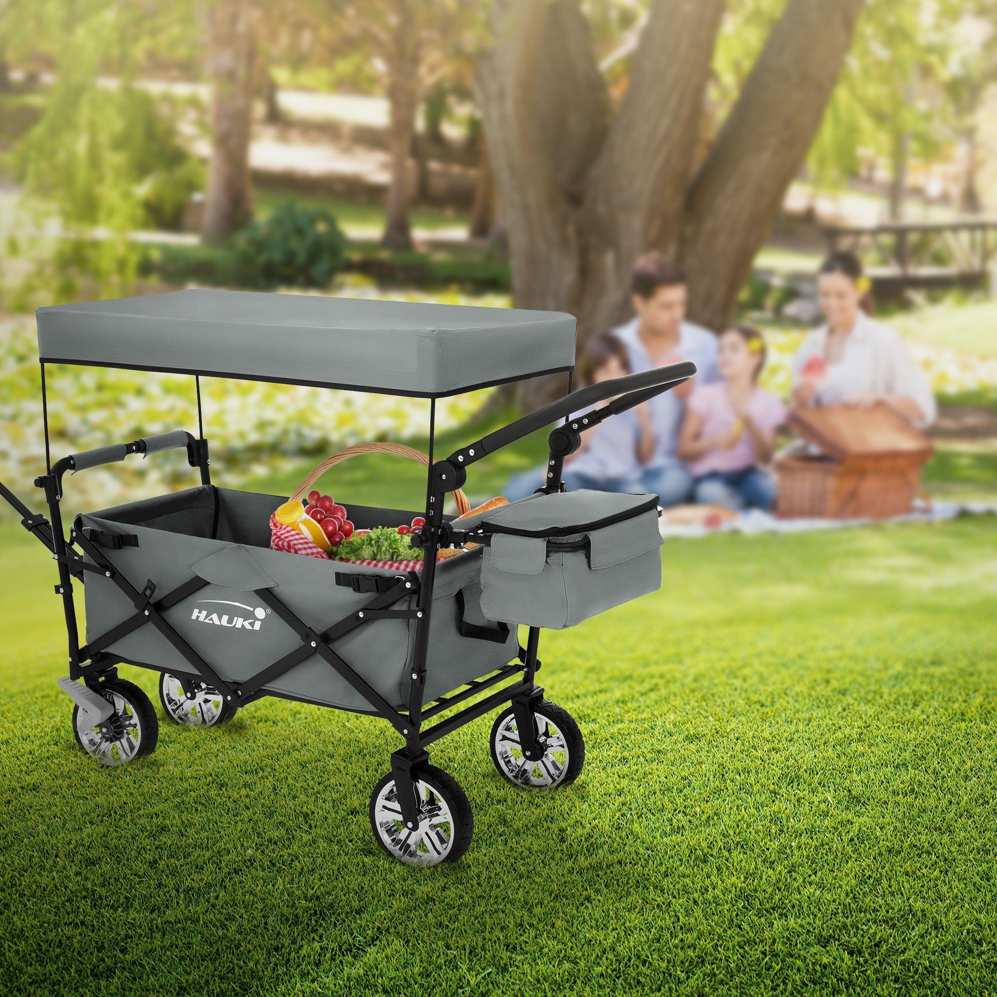 Kinderwagen mit Obstkorb im Park, Familie im Hintergrund beim Picknick