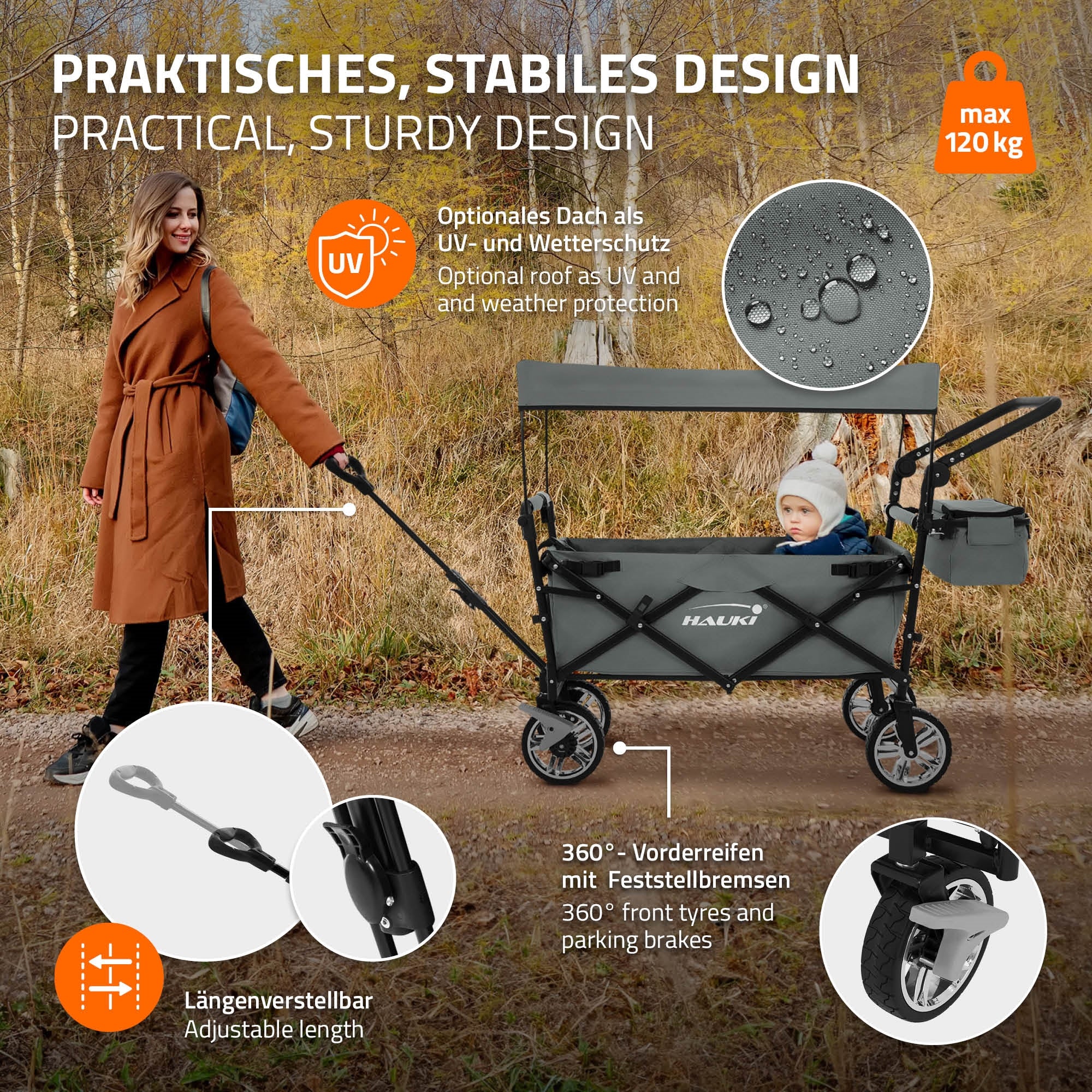 Frau zieht einen Kinderwagen auf einem Weg, umgeben von Bäumen.