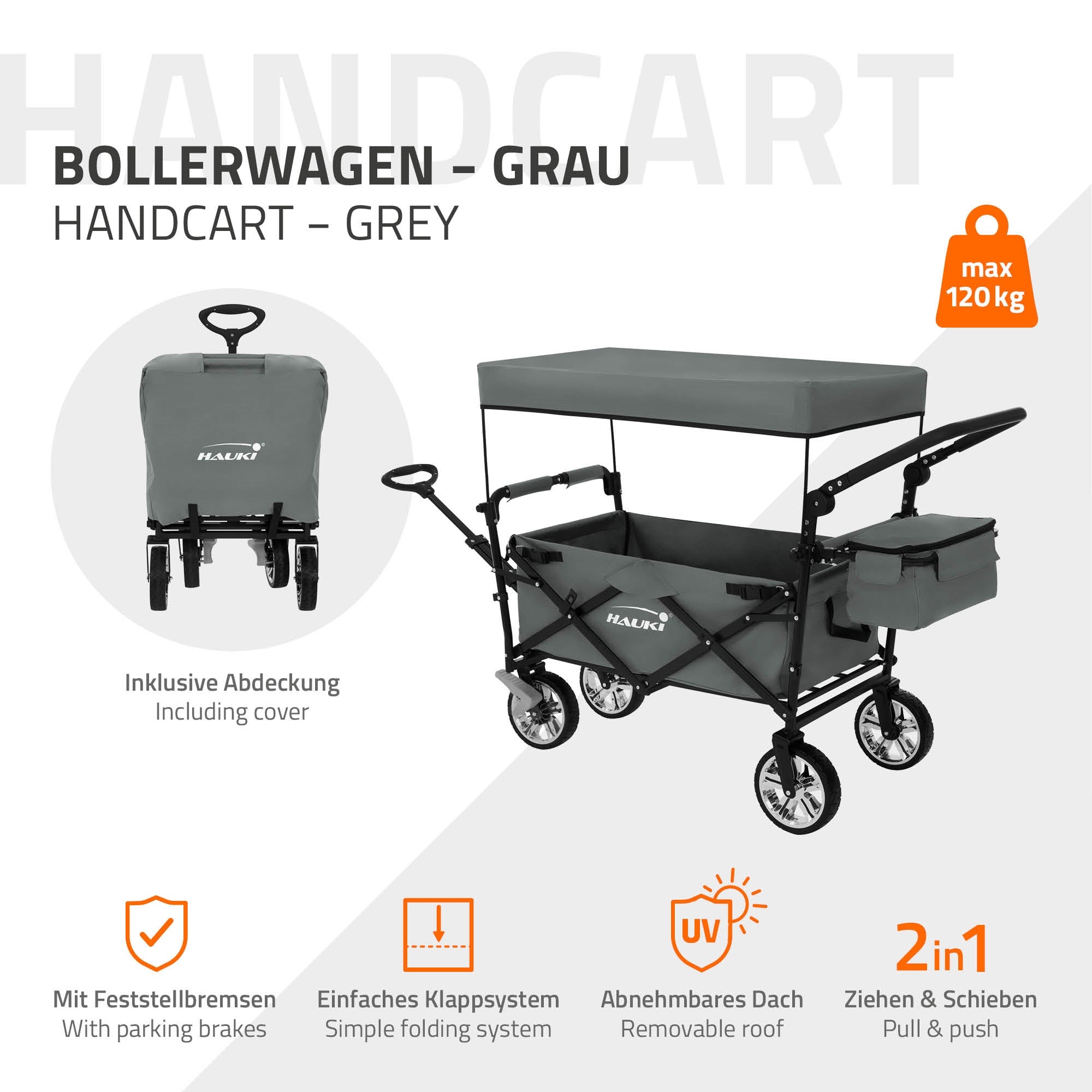 Bollerwagen in grau mit Abdeckung und Klappmechanismus.