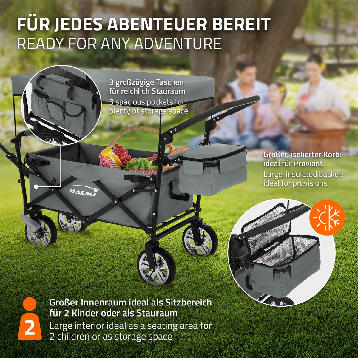 Wagen mit Taschen im Freien, ideal für Abenteuer, mit Platz für zwei K