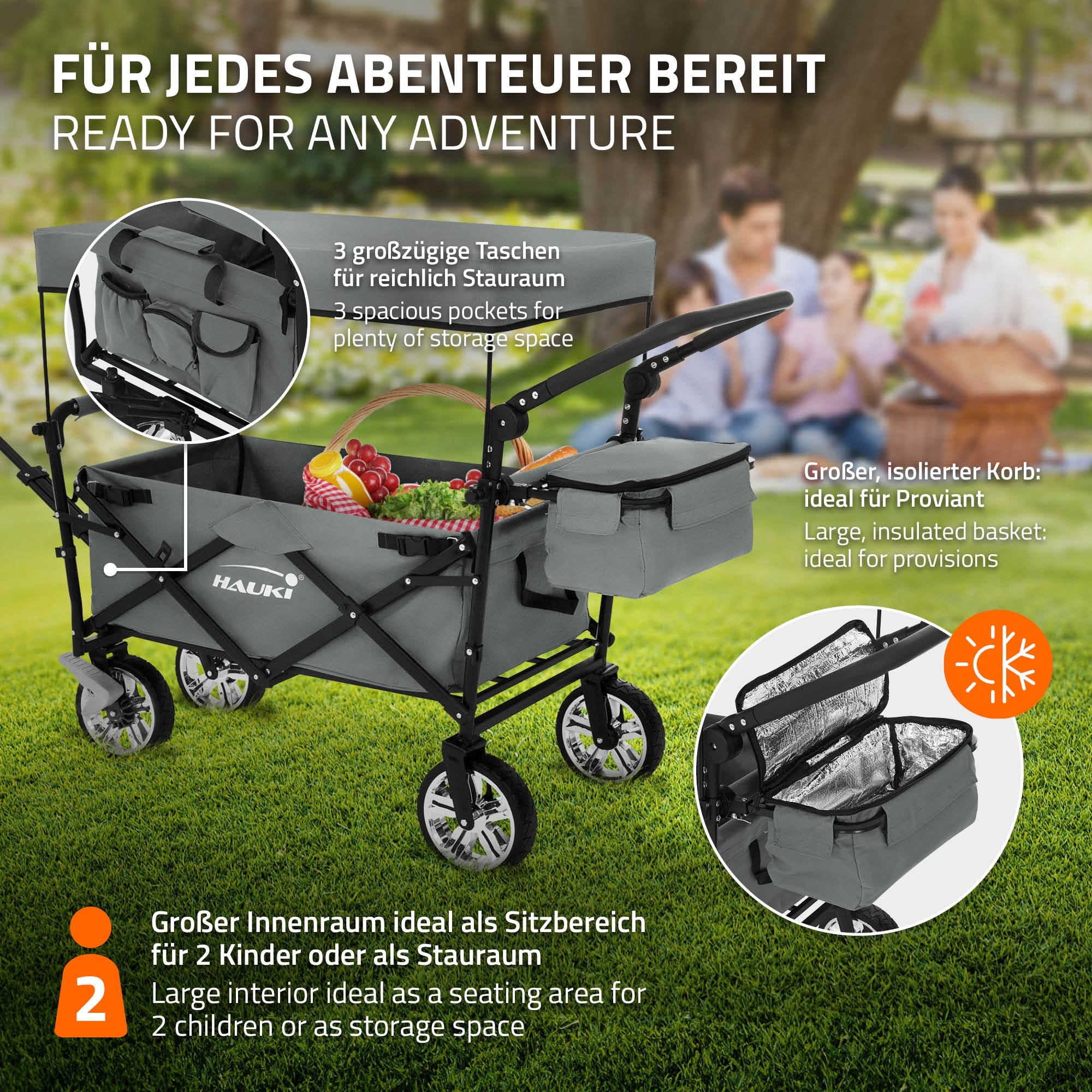 Wagen mit Taschen im Freien, ideal für Abenteuer, mit Platz für zwei K