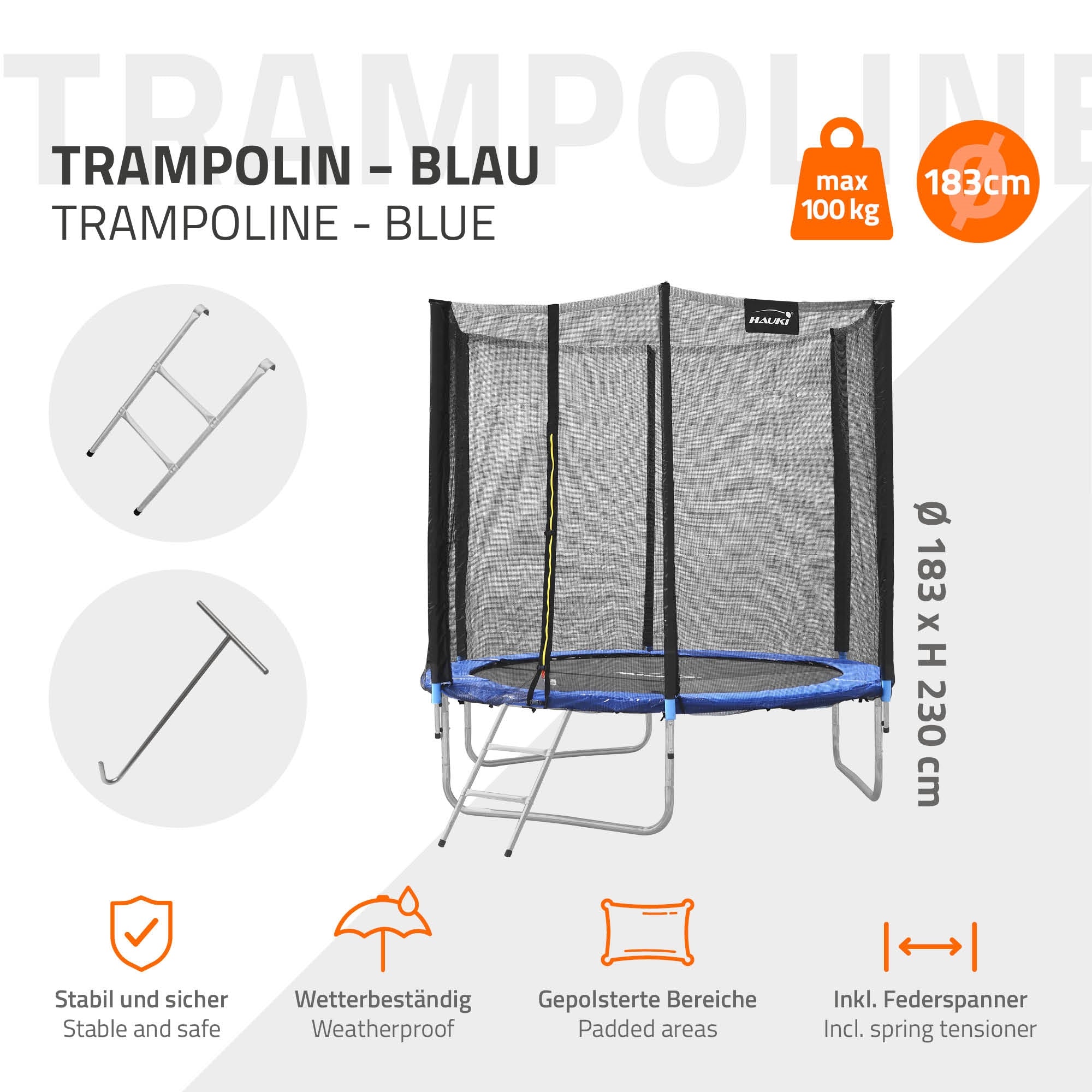 Trampolin in Blau mit Sicherheitsnetz und technischen Informationen.