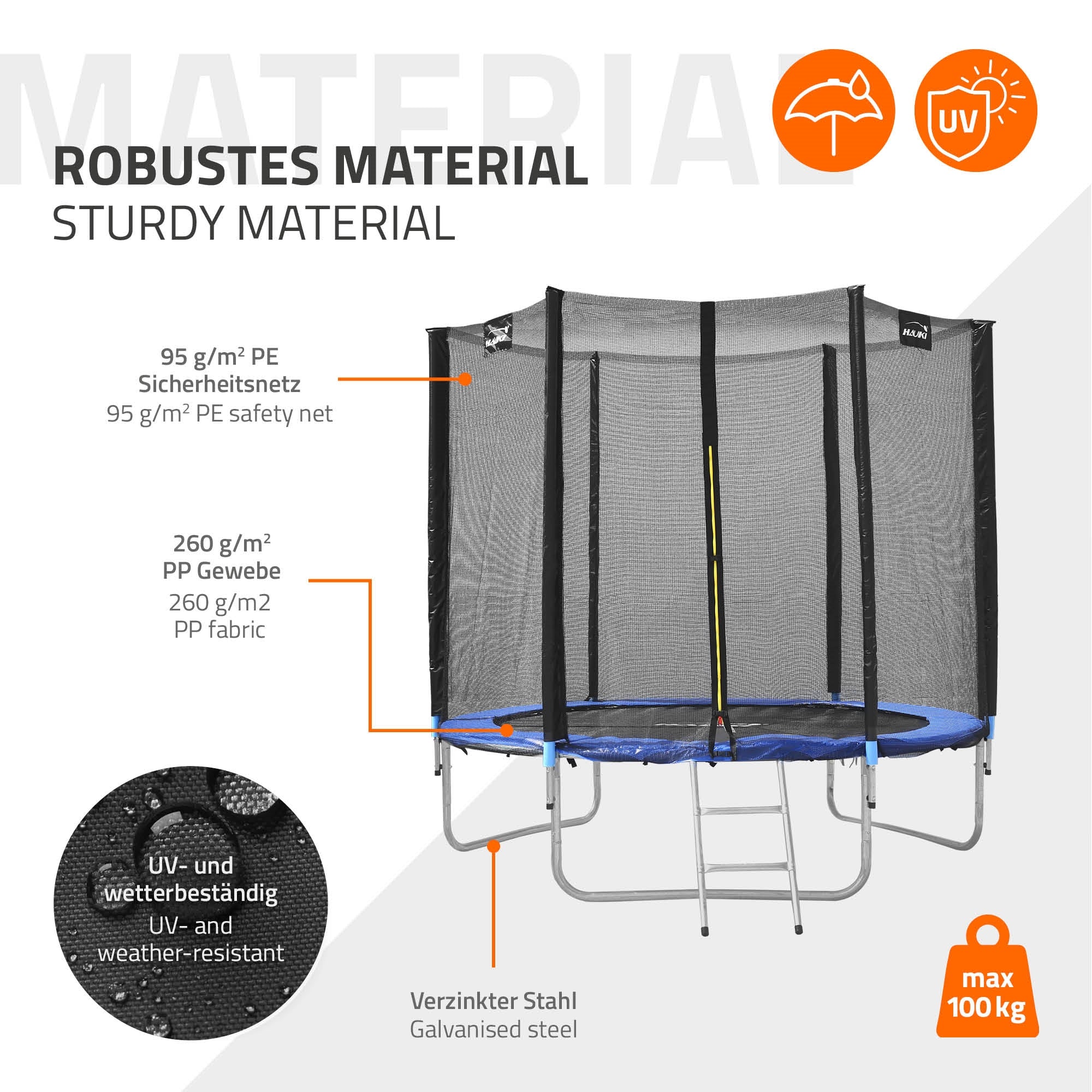 Trampolína se zabezpečovací sítí, UV a povětrnostně odolná, max. 100 kg.