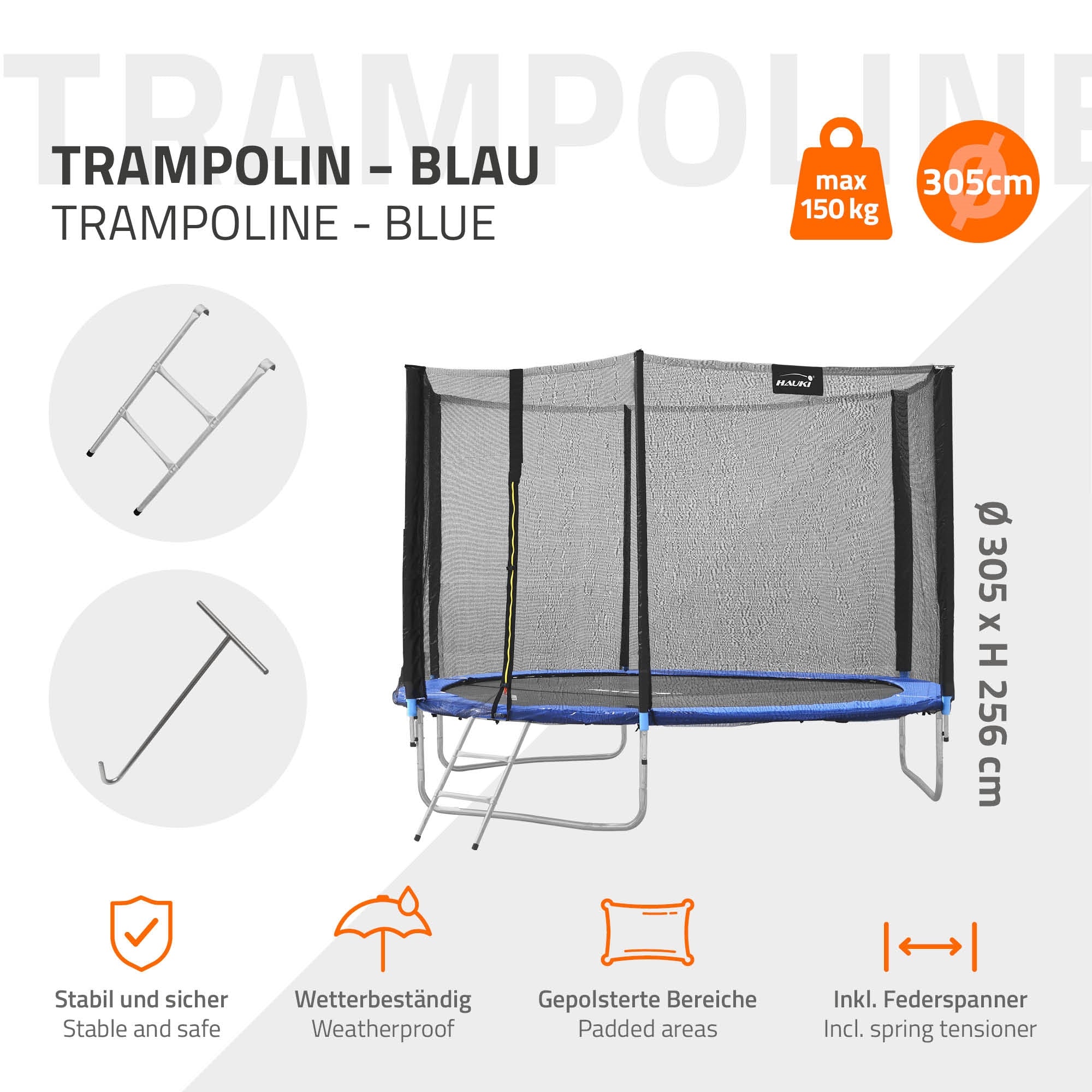 Trampolin in Blau mit Sicherheitsnetz, Maße und Gewichtsangabe.