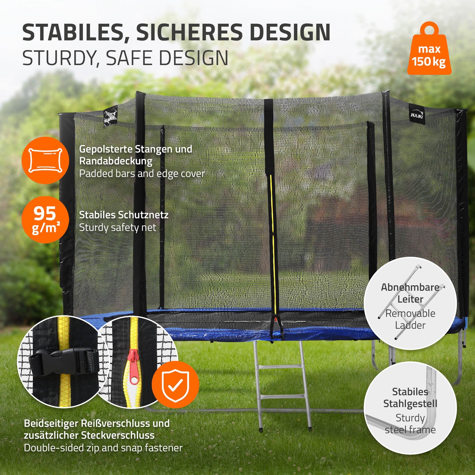 Trampolin mit gepolsterten Stangen und Sicherheitsnetz im Garten.