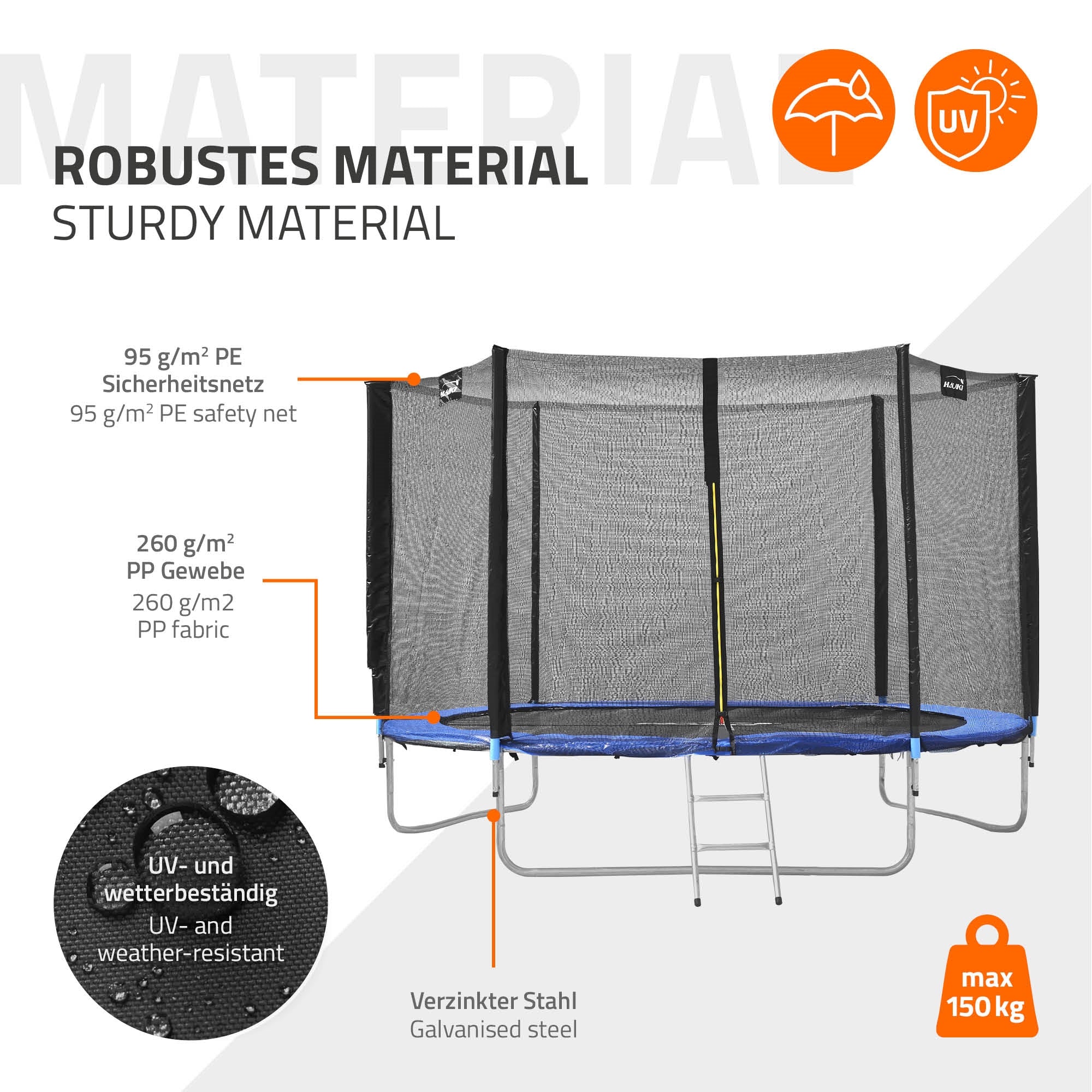 Trampolin aus robustem Material, wetterbeständig, max. 150 kg.