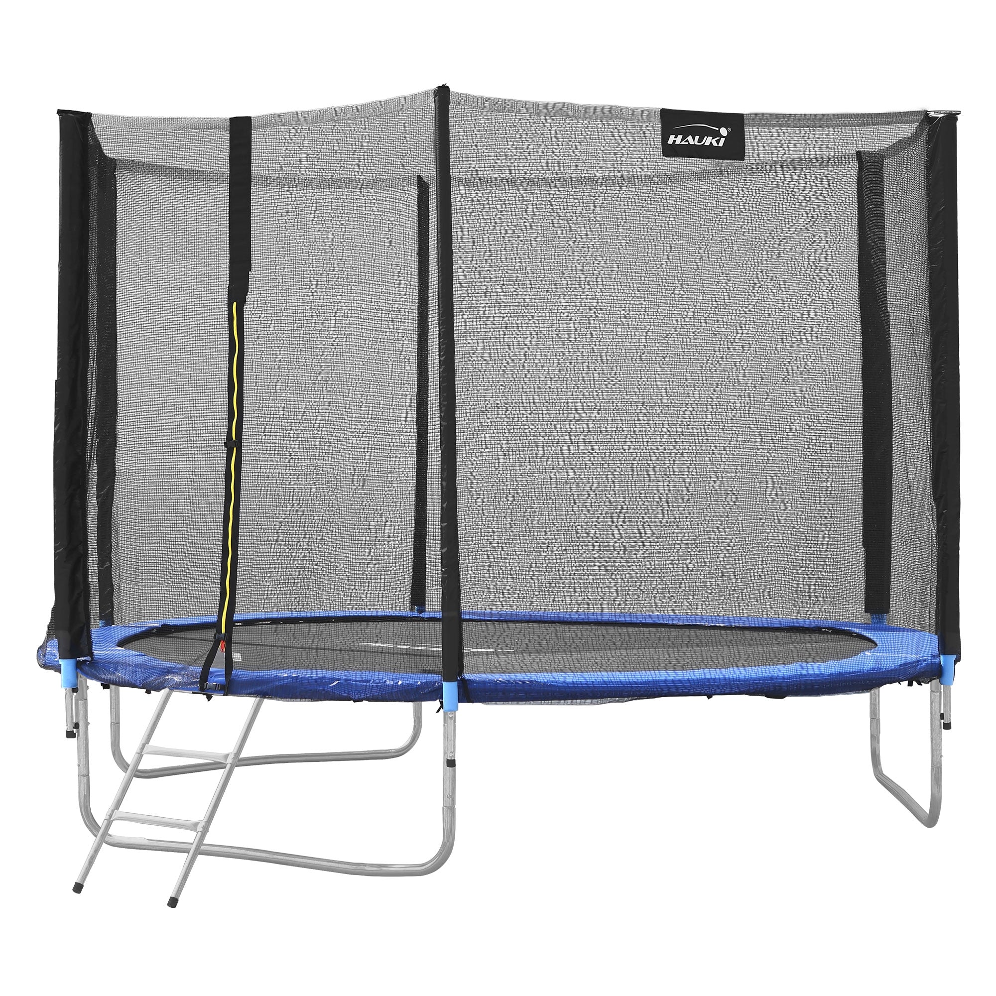 Trampolin mit Sicherheitsnetz und Leiter, frontale Ansicht.