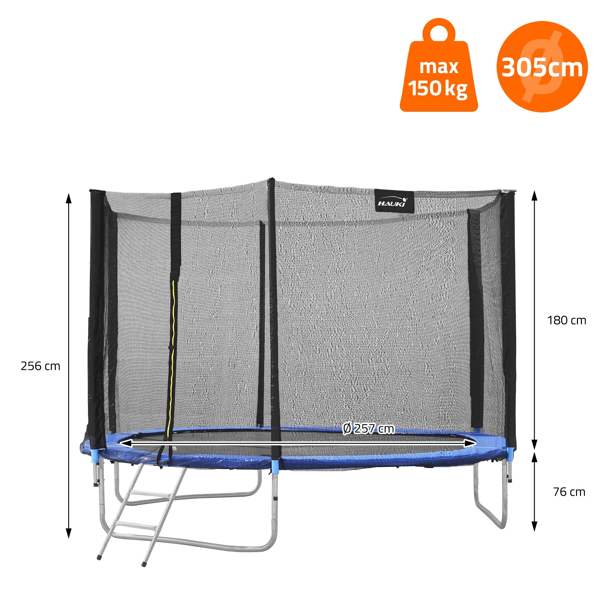 Trampolin mit Sicherheitsnetz, maximal 150 kg, Maße 257 cm Durchmesser.