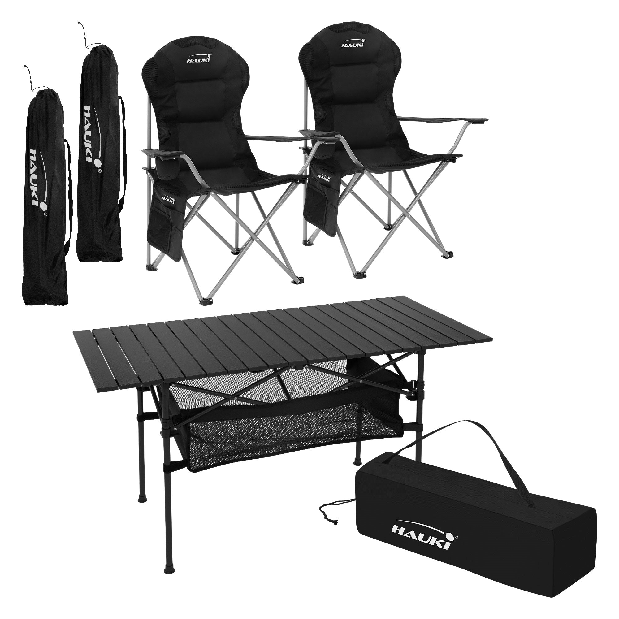 Campingmöbelset mit zwei Stühlen und einem Tisch.