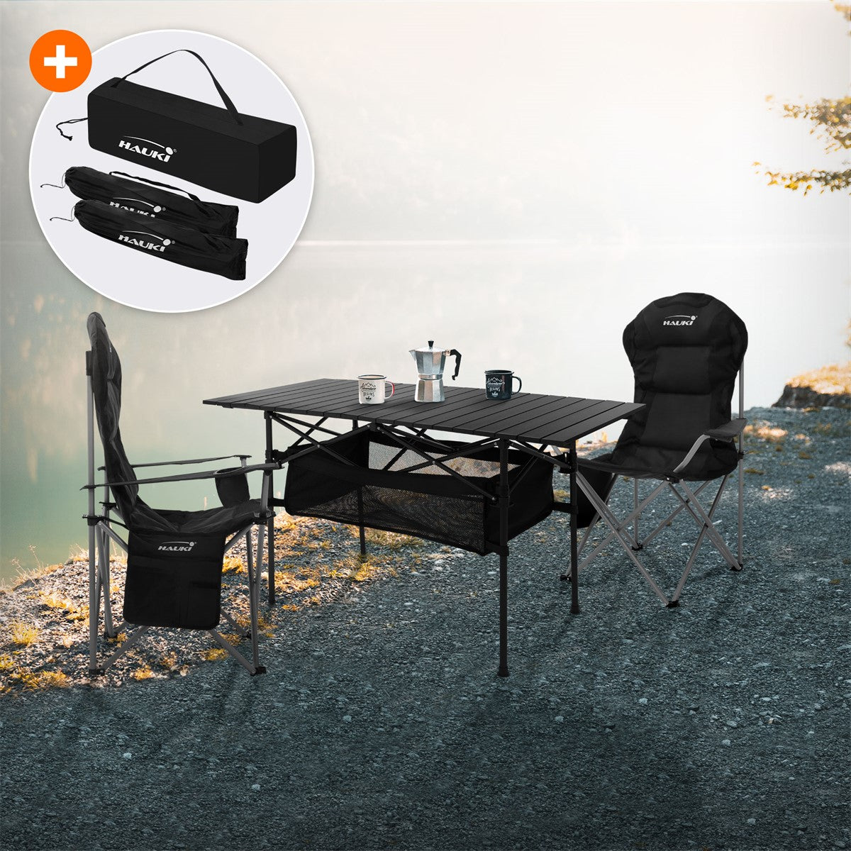 Camping chair and table on the shore of a body of water, with cups and a coffee pot.