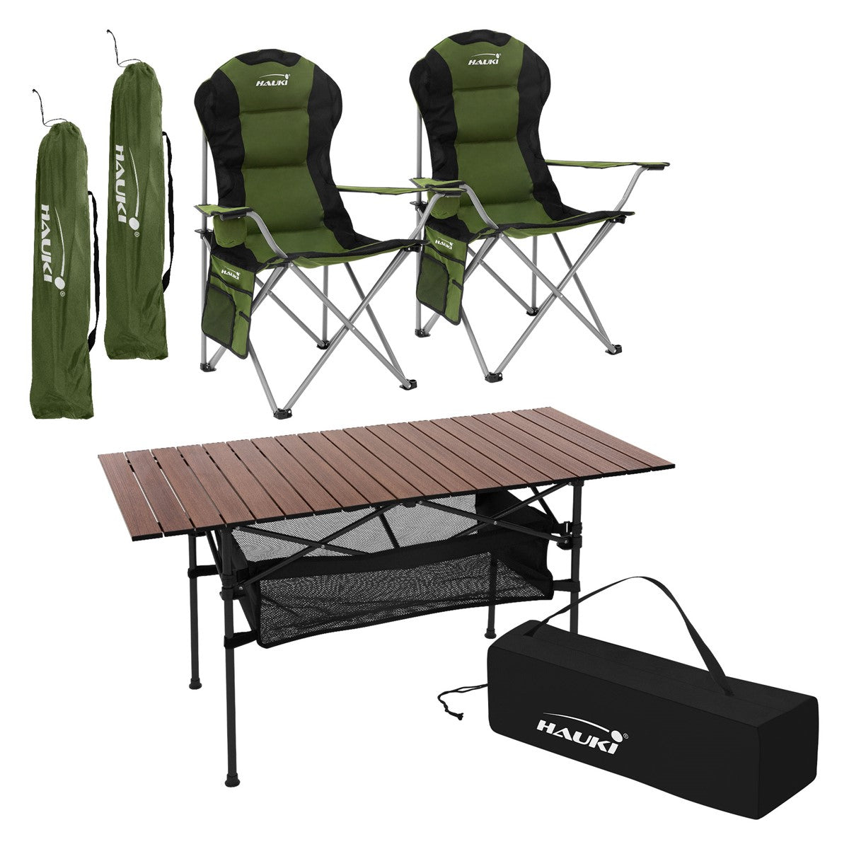 Two folding chairs and a table in green and black on a white background.