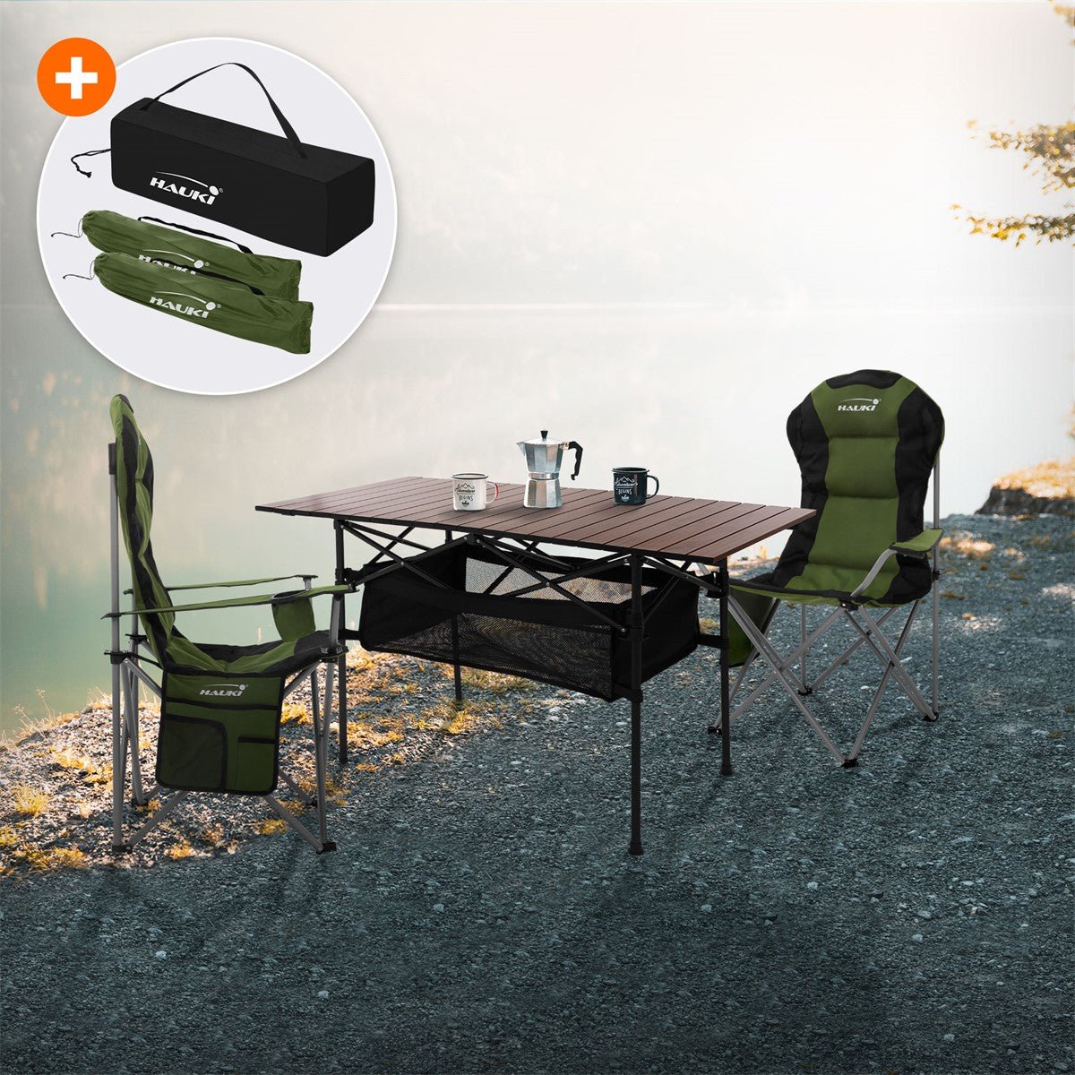 Table and two chairs by the water, with a coffee pot and tote bag in the background.
