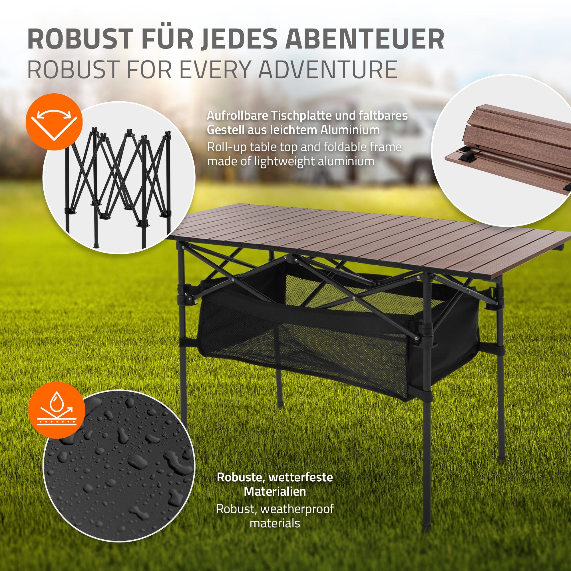 Table pliante avec cadre en aluminium et plateau résistant aux intempéries.