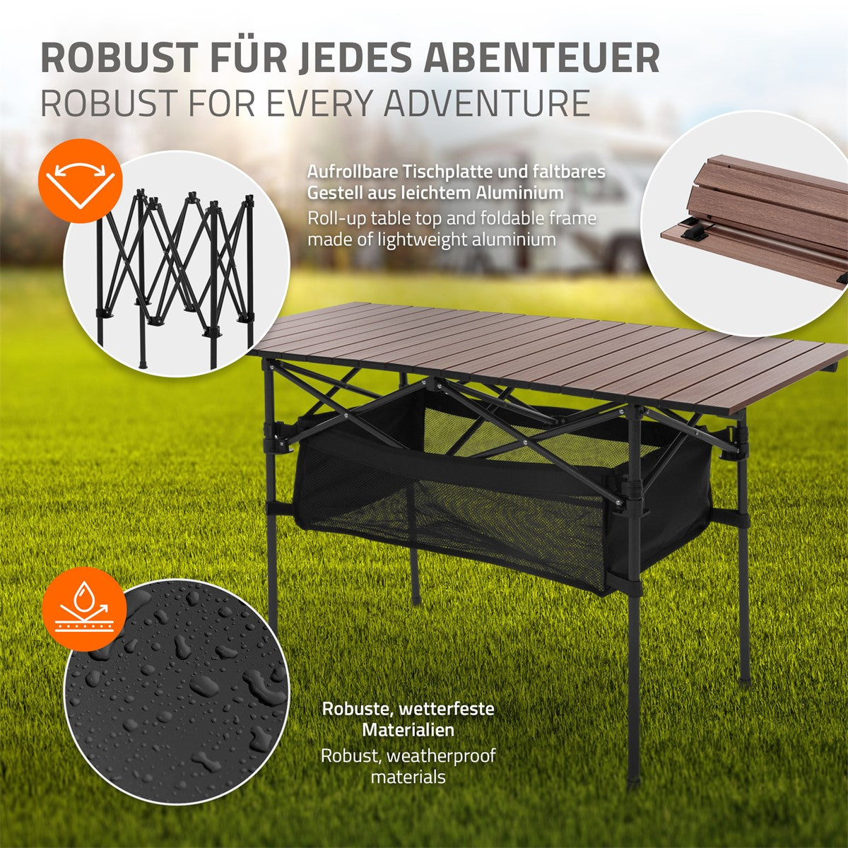 Faltbarer Tisch mit Aluminiumgestell und wetterfester Tischplatte.