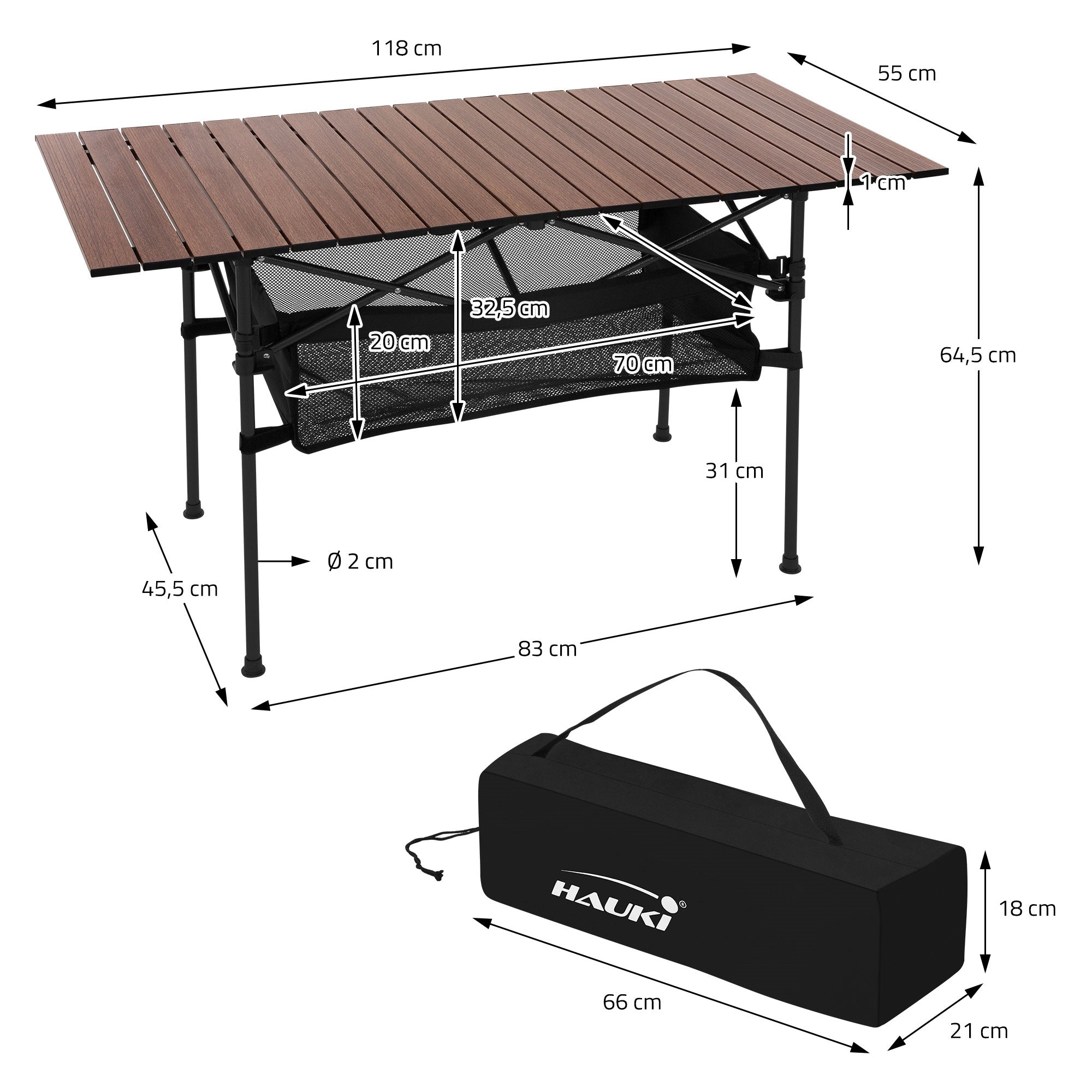 Une table avec des dimensions et un sac de transport sur un fond blanc.