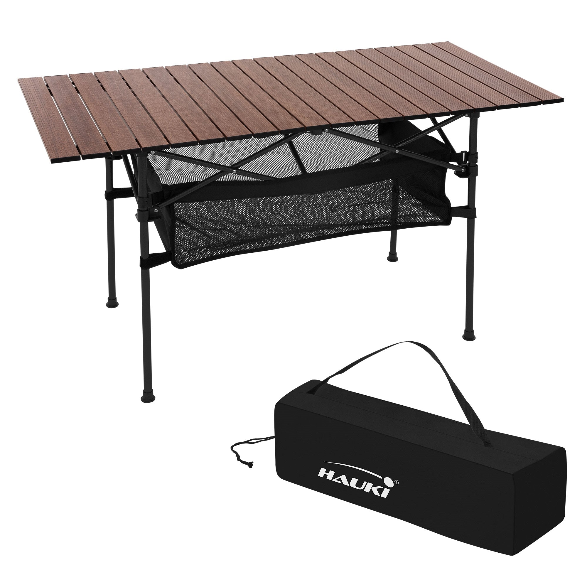 Klappbarer Tisch mit Holzoberfläche und Tragetasche.