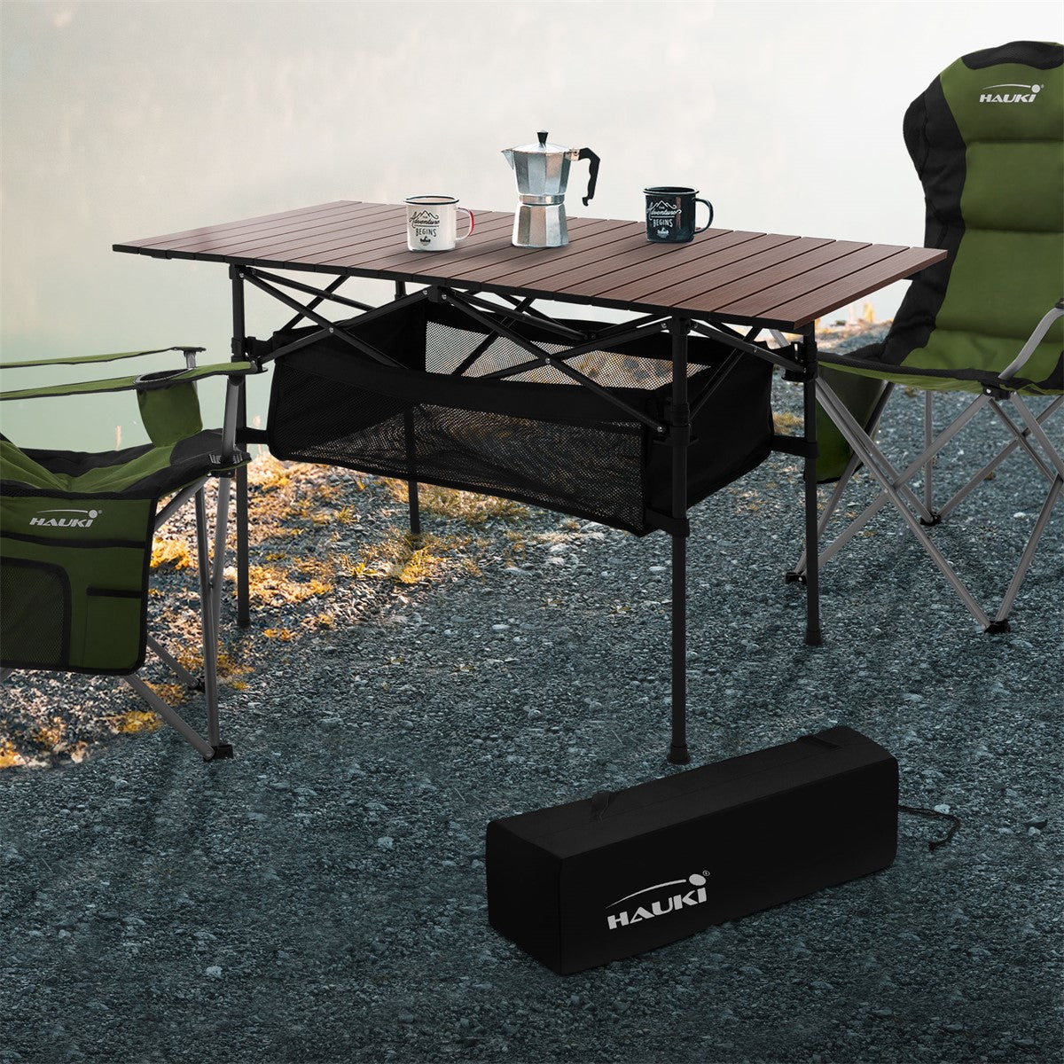 Table and chairs outdoors, surrounded by water and nature.