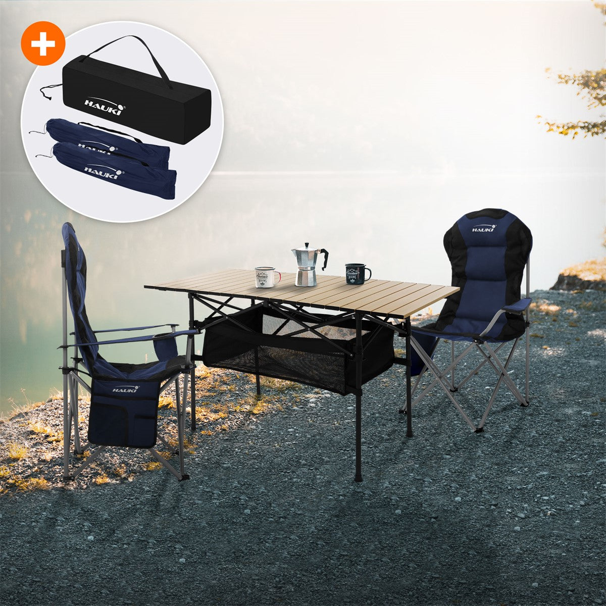 A table with two chairs by the water, with coffee cups and a kettle.