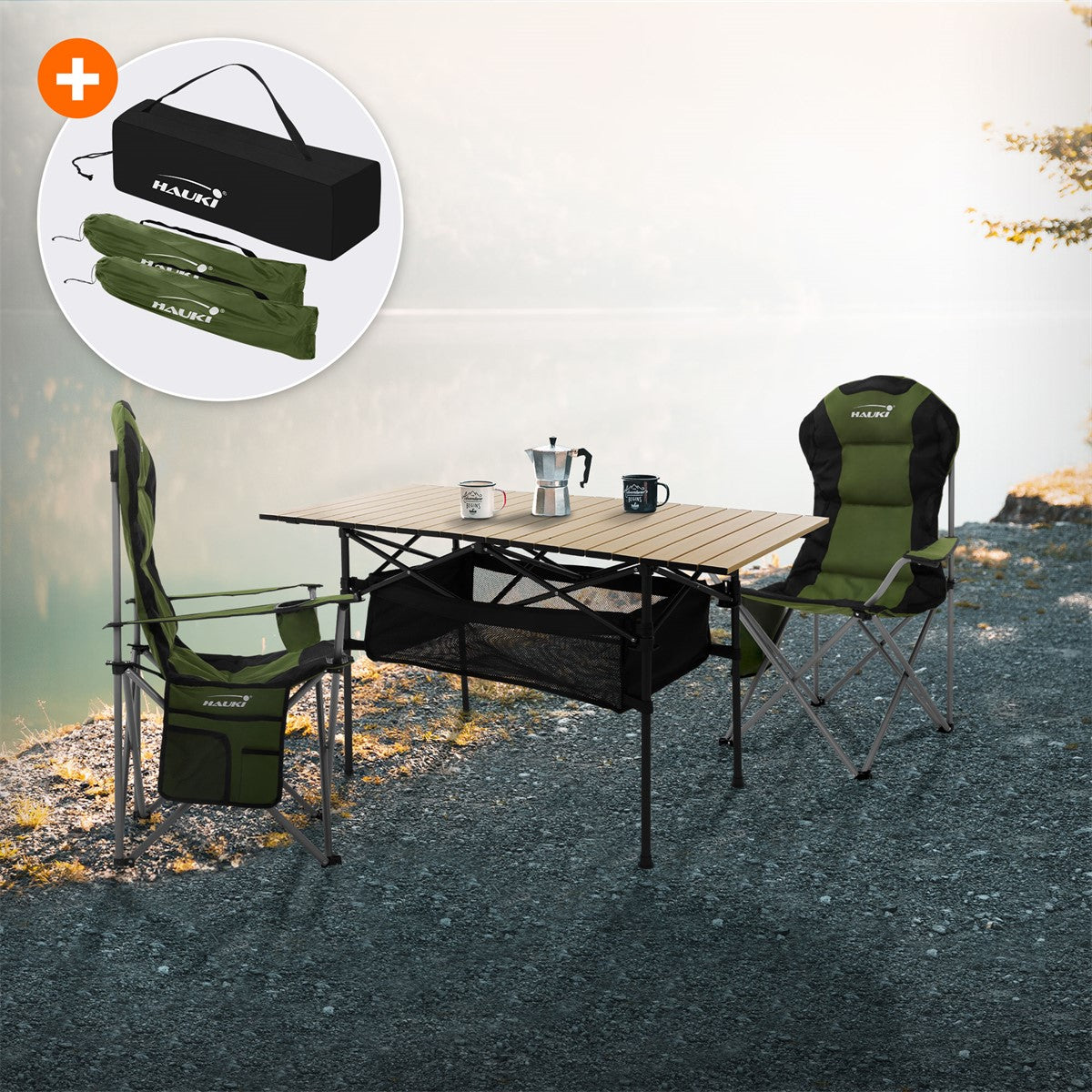 Camping chair and table on the shore of a lake with cups and a coffee pot.