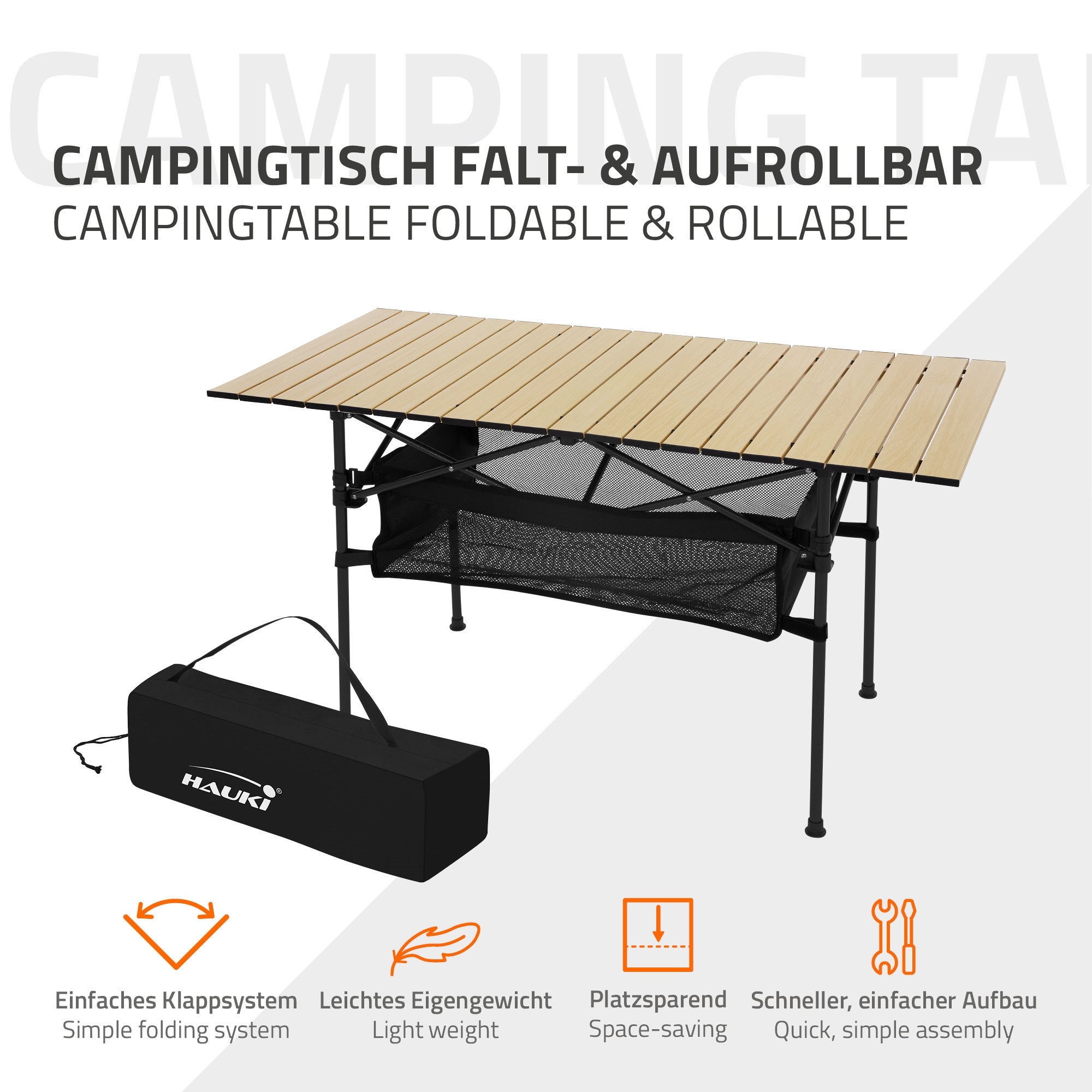 Faltbarer Campingtisch mit Holzplatte und Stauraum.