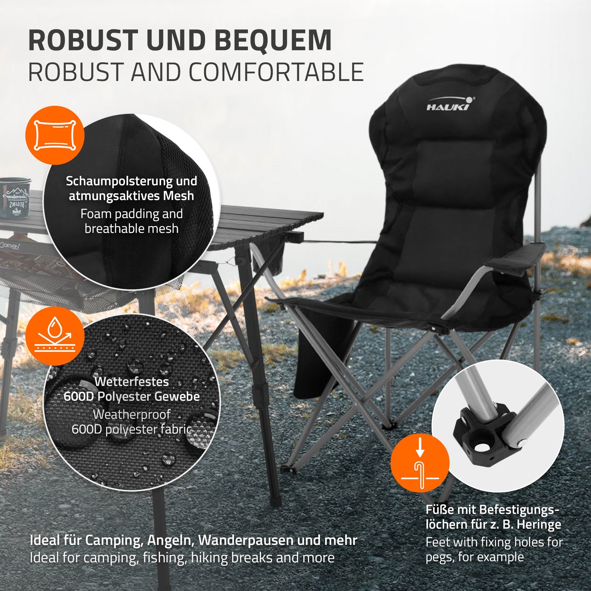 Chaise de camping noire avec table, matériau résistant aux intempéries et maille respirante.