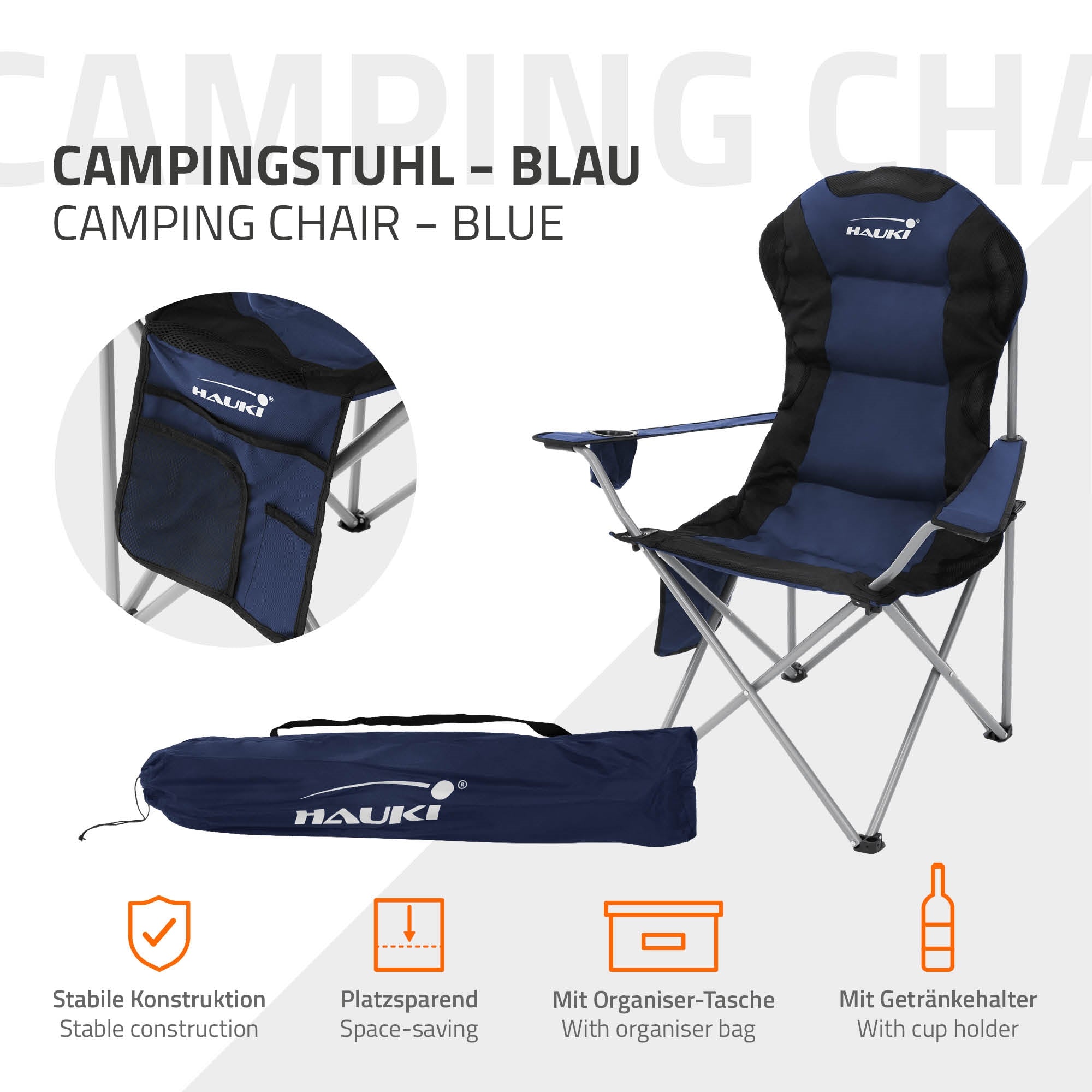 Blauer Campingstuhl mit Tragetasche und Organizer-Tasche.