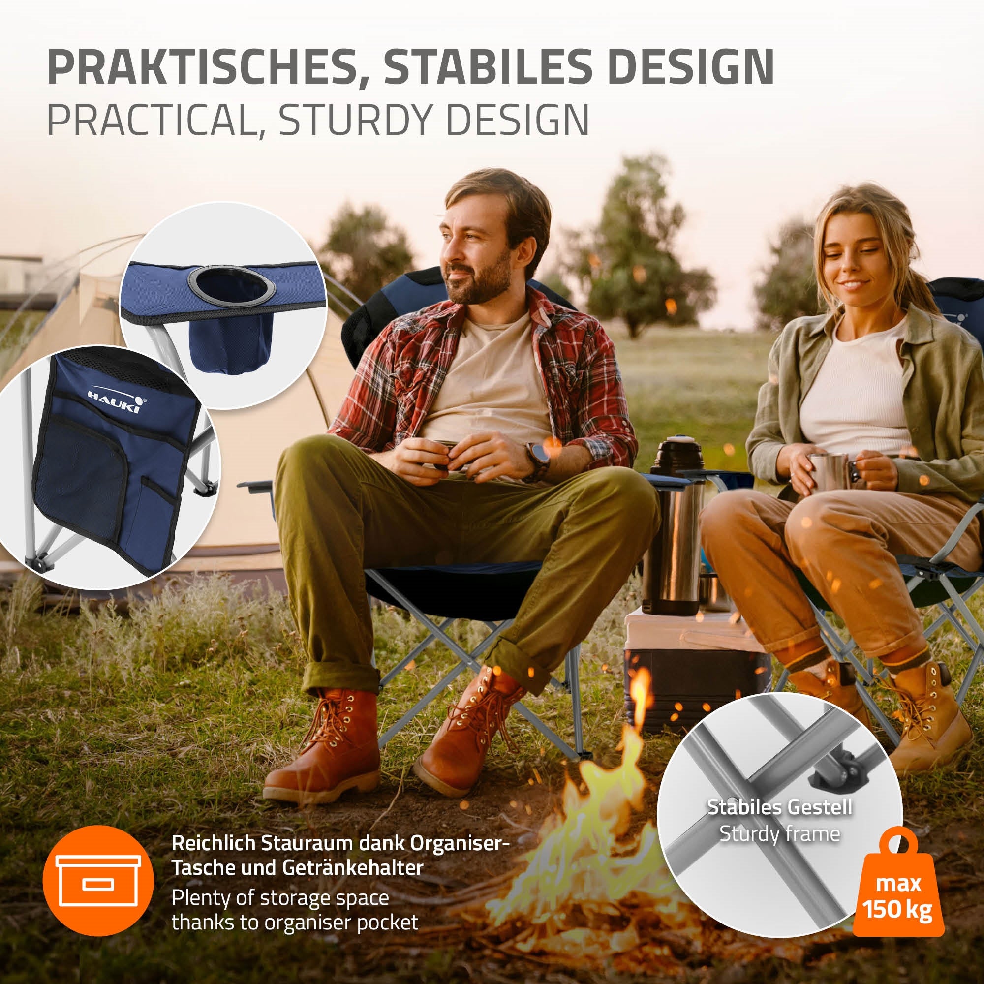 Folding chair with organizer pocket and sturdy frame.
