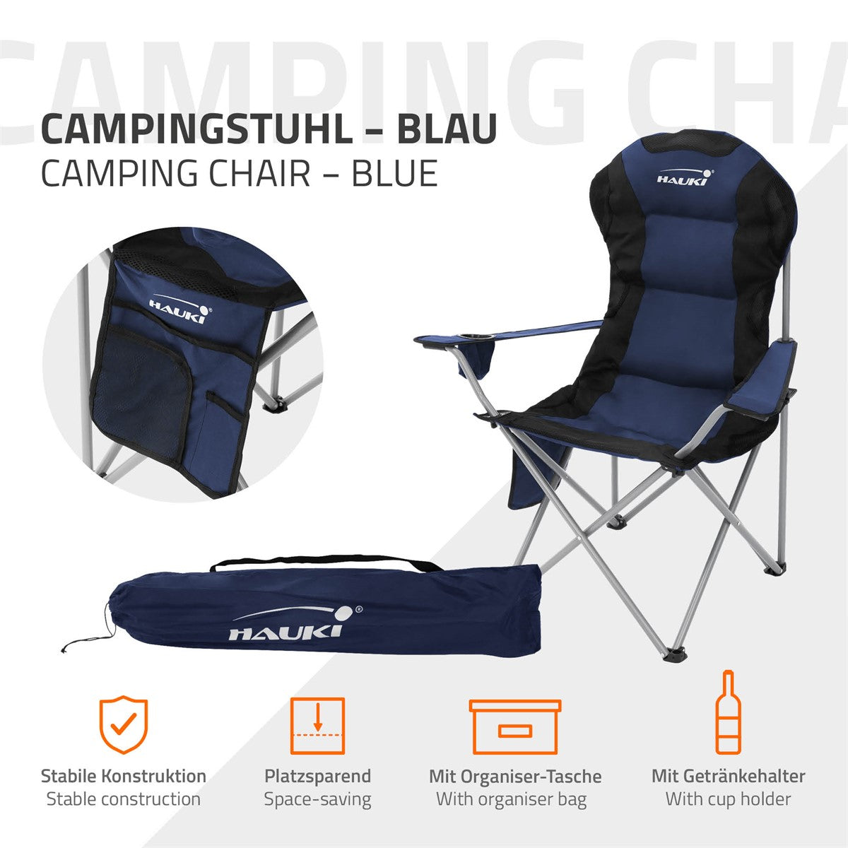 Blue camping chair with a carry bag and organizer bag.