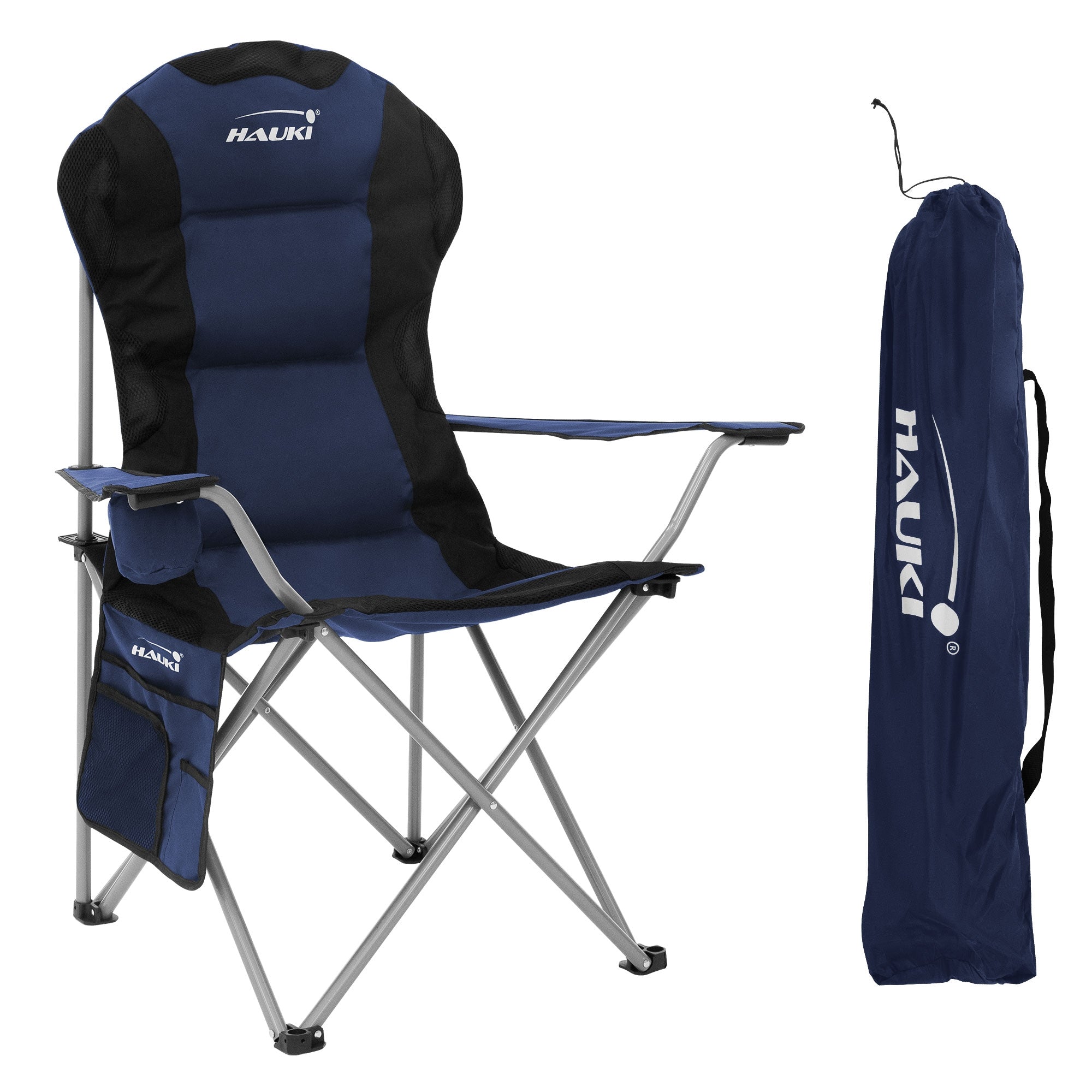 Faltstuhl in Blau und Schwarz mit Tragetasche.