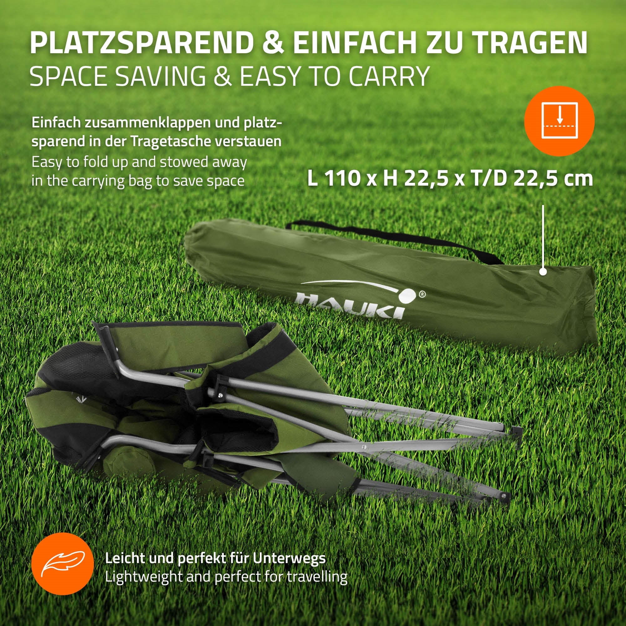 Draagtas voor campingstoel, groen met maatgegevens.