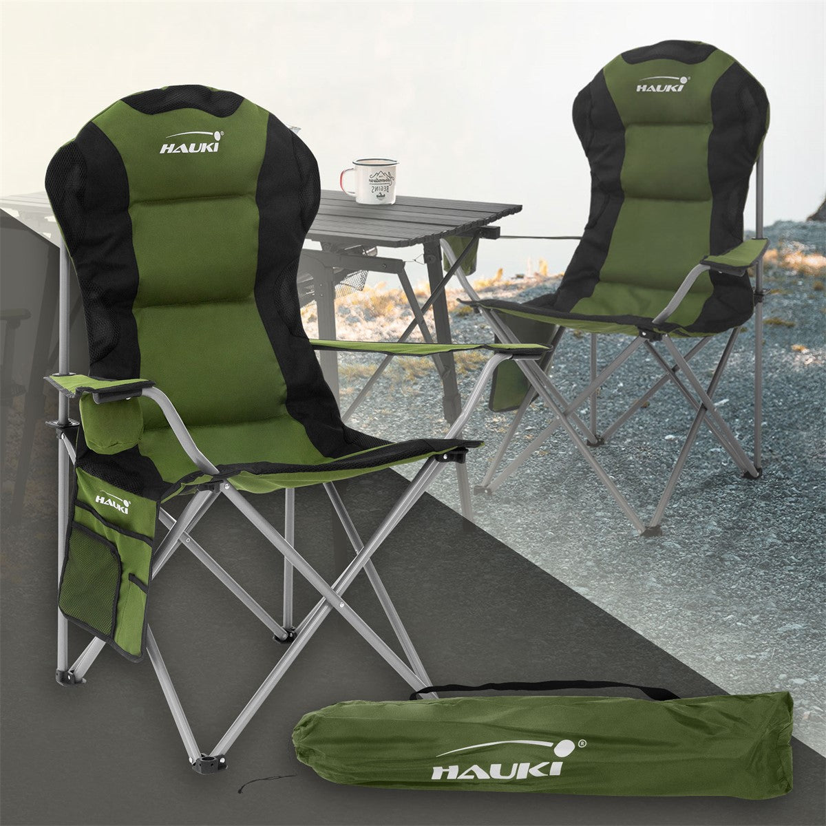 Two green folding chairs and a table in an outdoor setting.