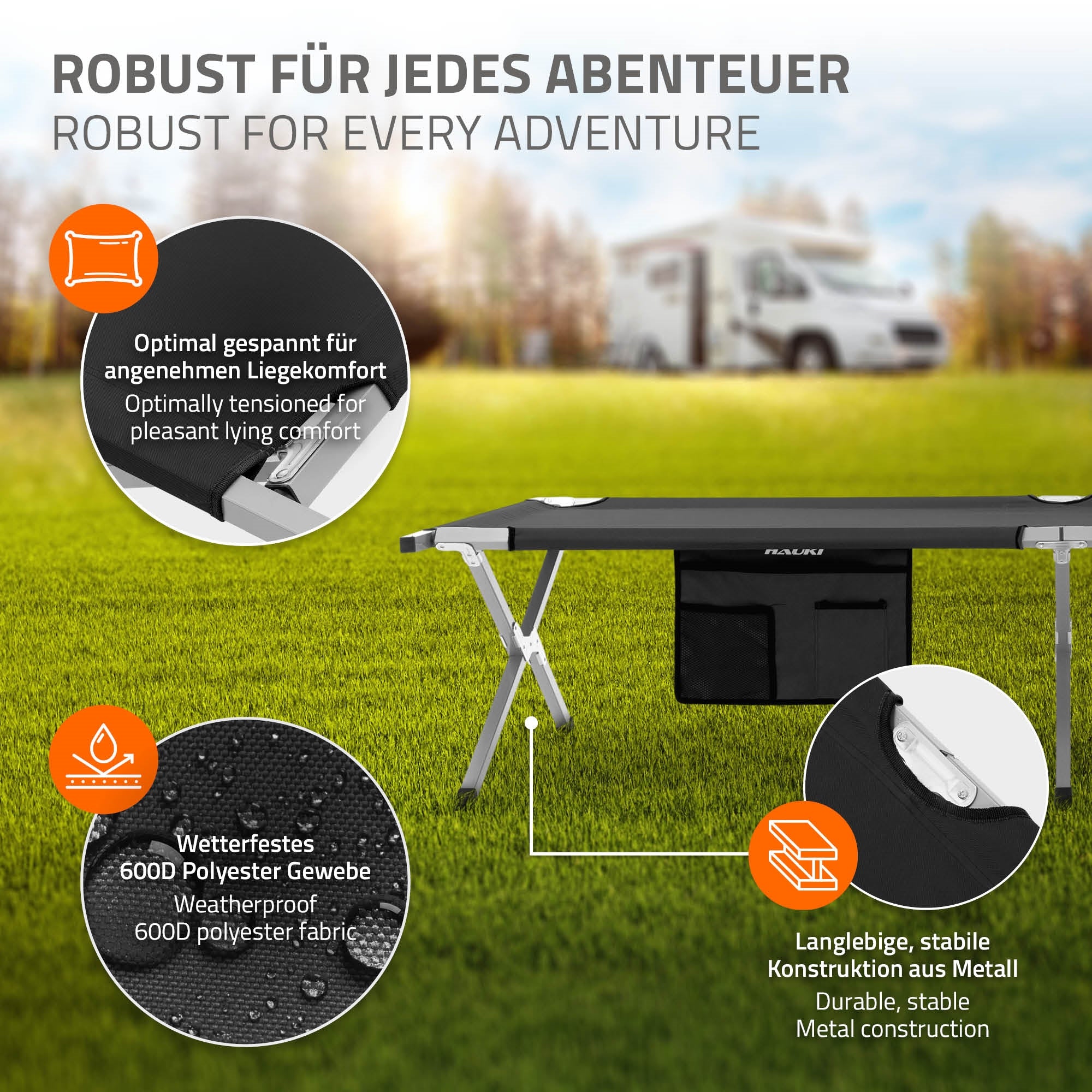 Detailansicht eines Campingbetts mit wetterfestem Gewebe und stabiler Metallkonstruktion.