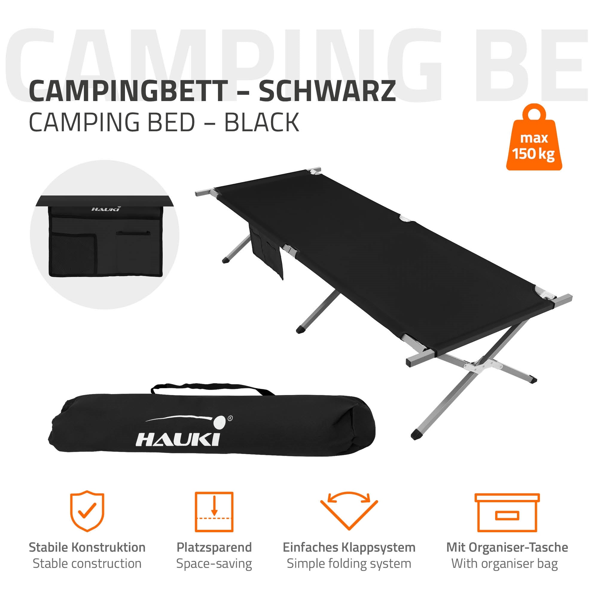 Schwarzes Campingbett mit stabiler Konstruktion und Tragetasche.