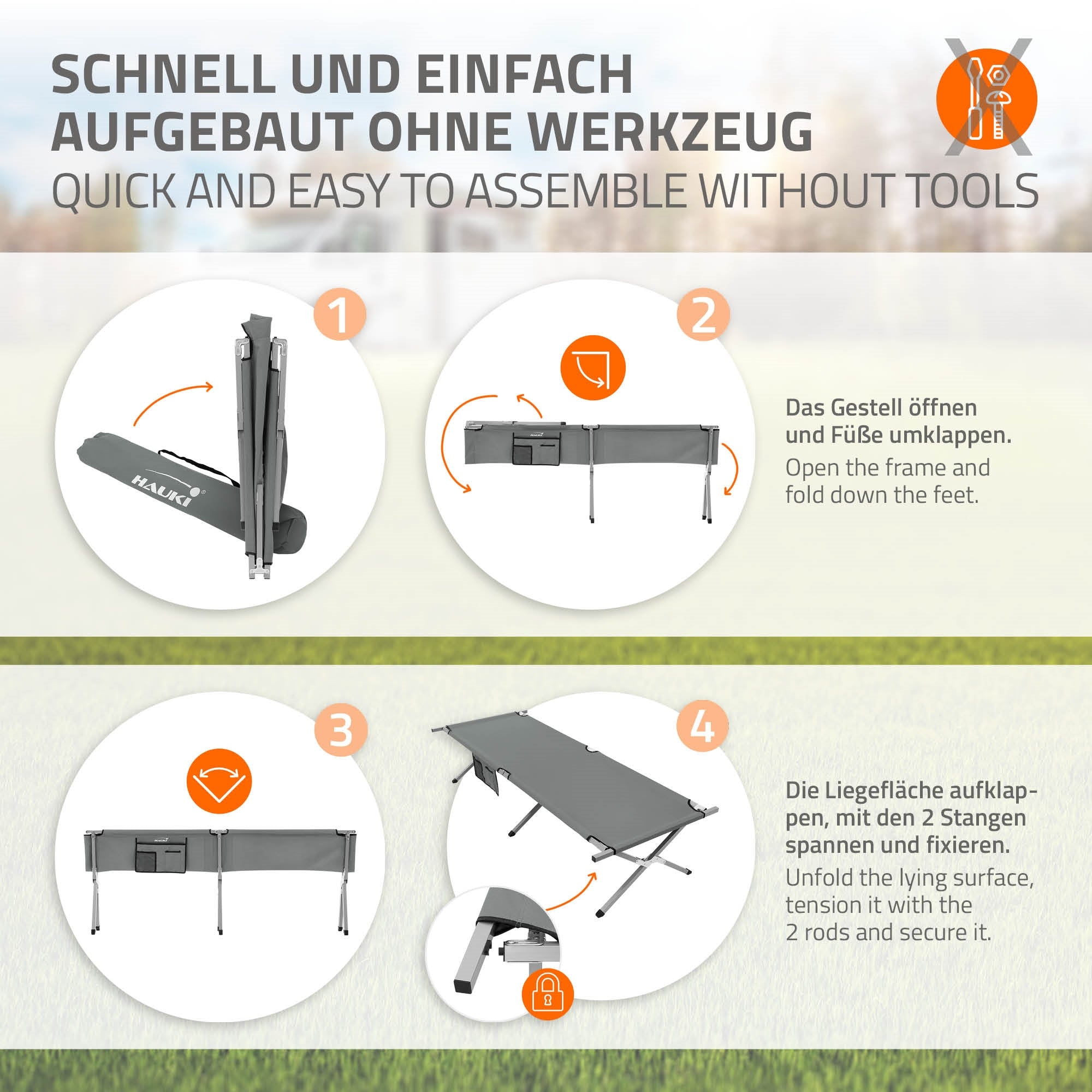 Grafik mit Anweisungen zum einfachen Aufbau eines Gestells ohne Werkzeuge.
