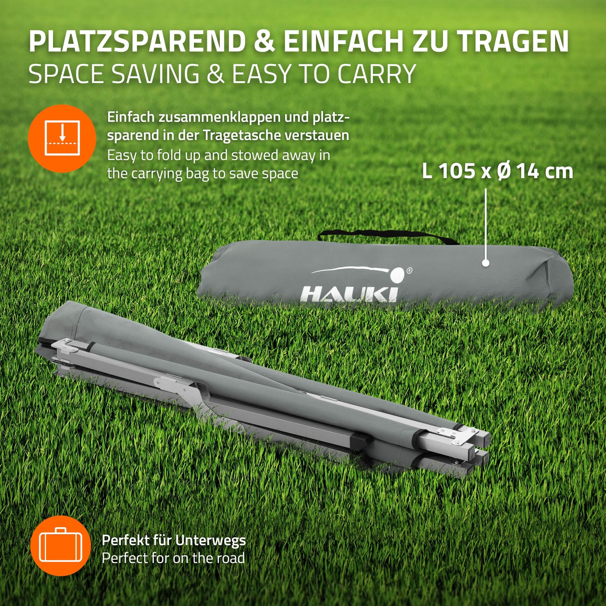 Tragetasche für Liegestuhl auf grünem Gras.