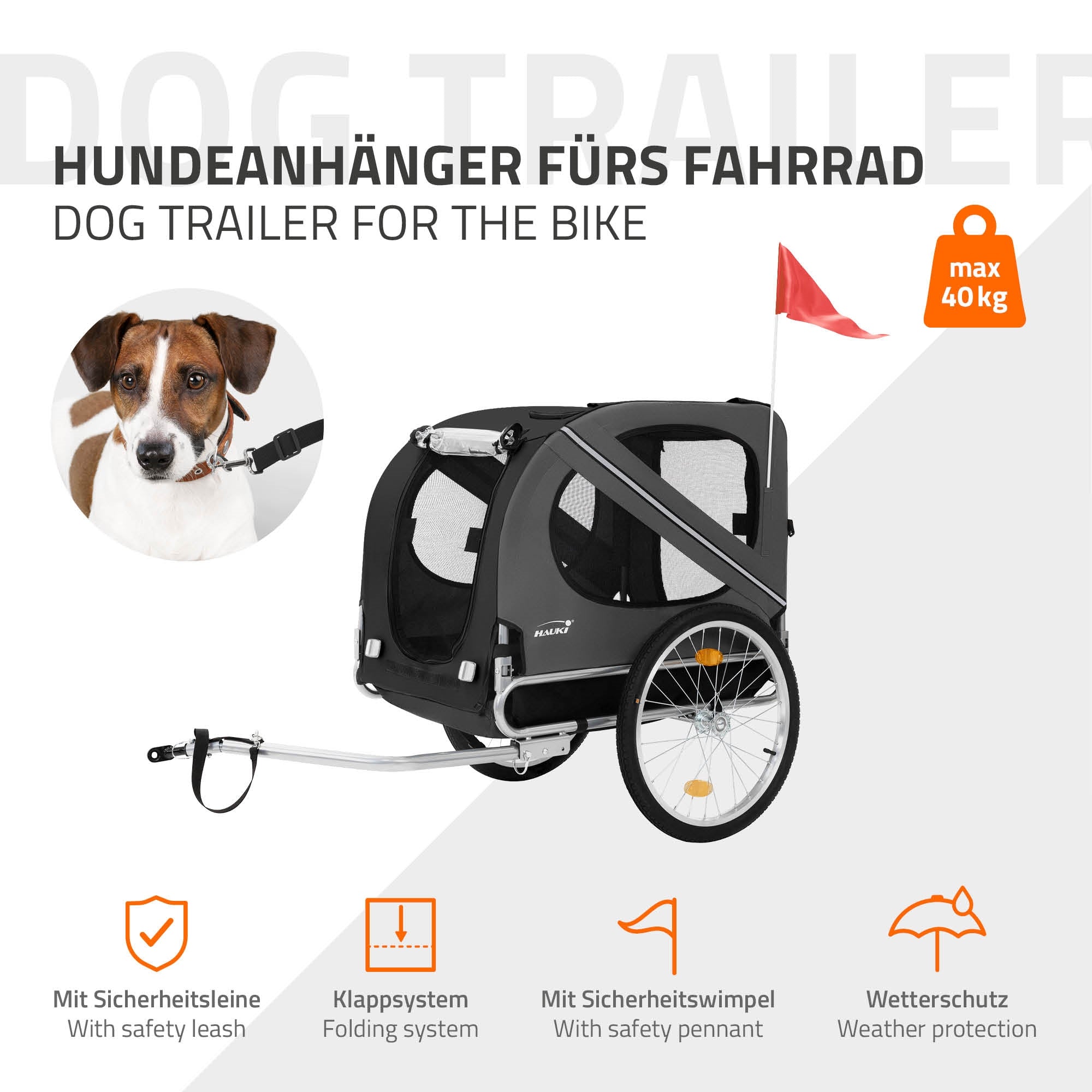 Hundeanhänger für Fahrräder mit Sicherheitsmerkmalen und maximaler Traglast.