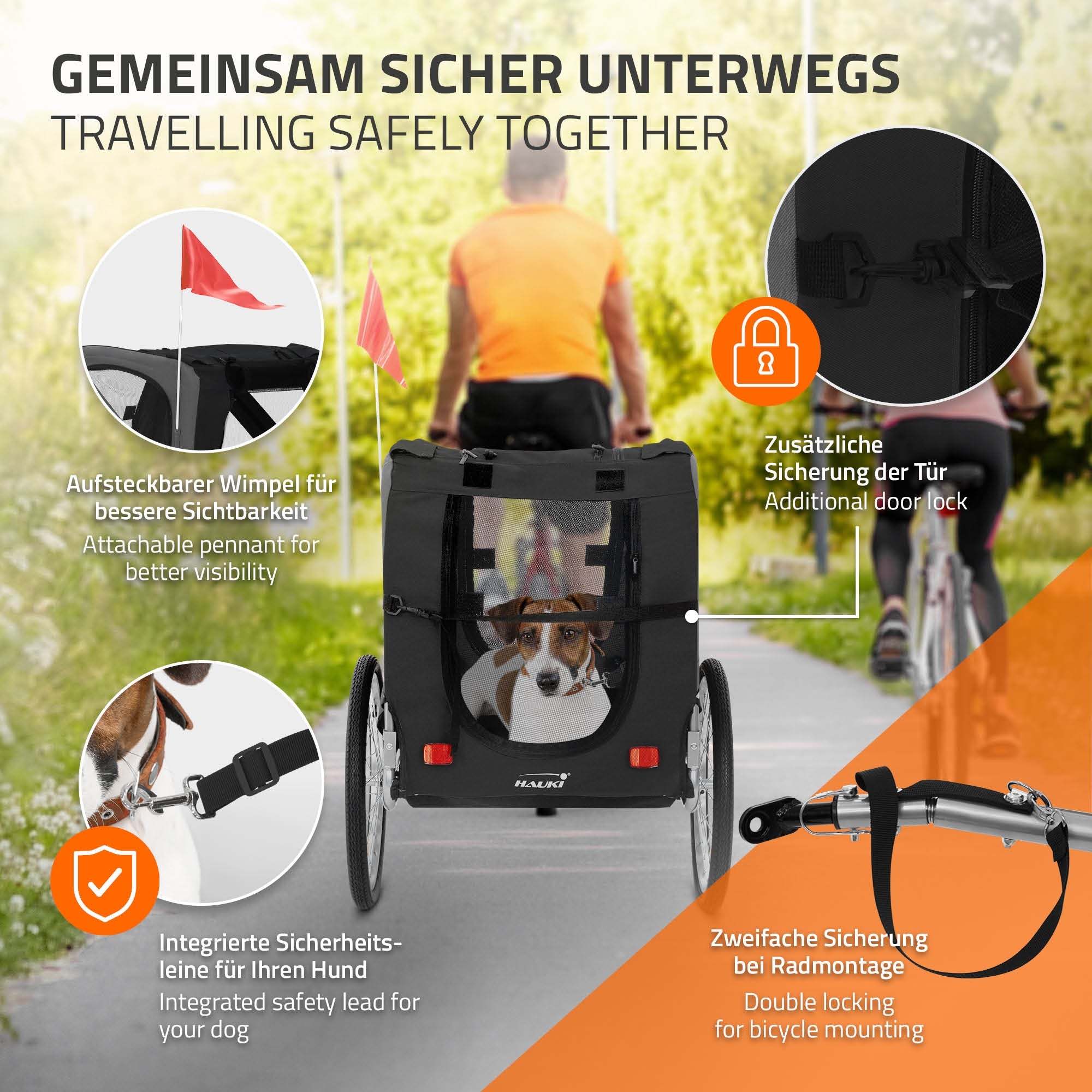 Hund in einem Fahrradanhänger mit Sichtfenster und Sicherheitsmerkmalen.