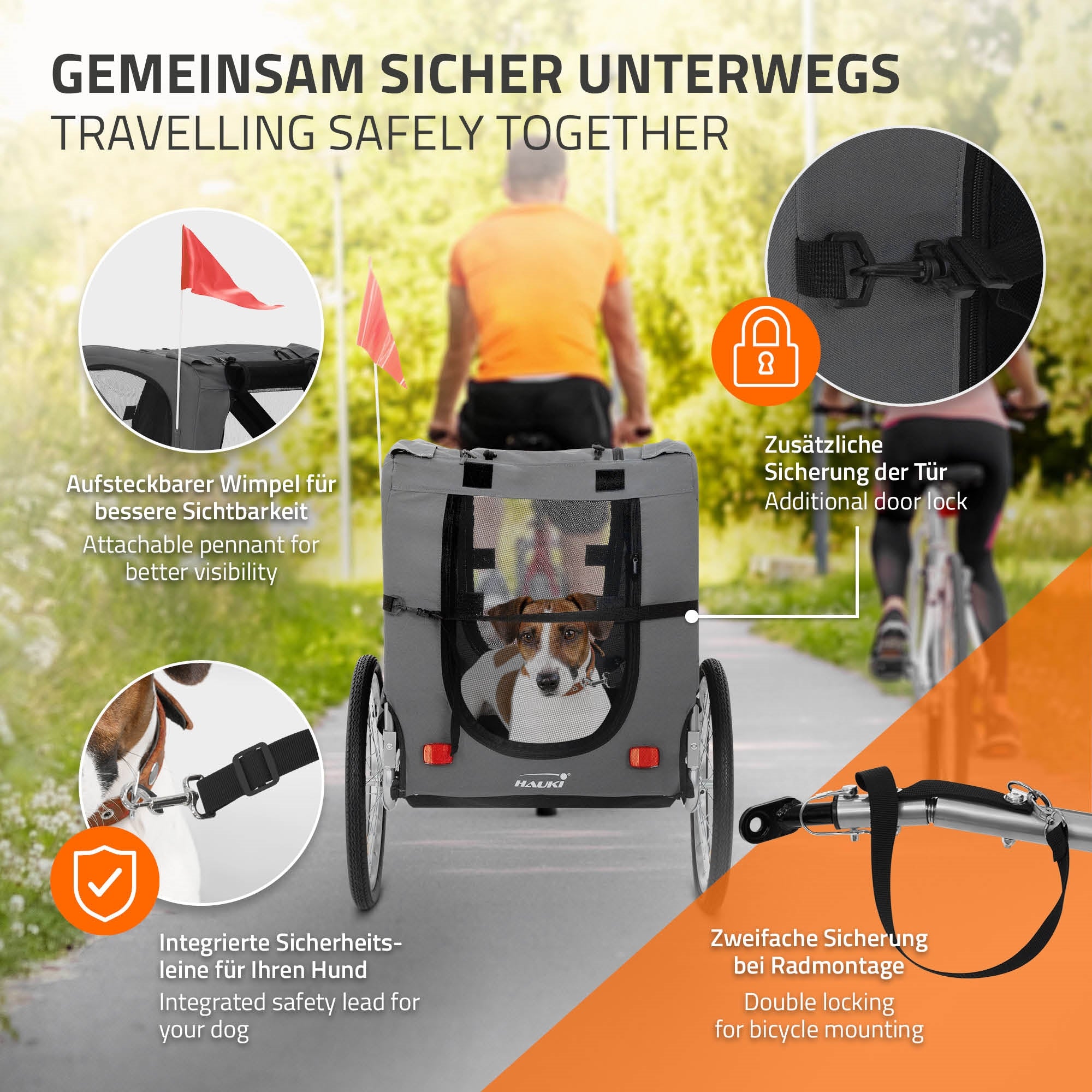 Hundetransportanhänger mit Sichtschutz und Sicherheitsleine.