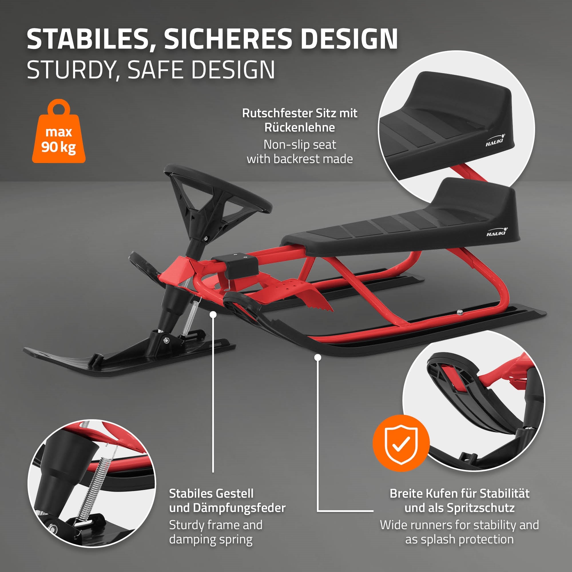 Graphic with a description of a stable sled design in red color.