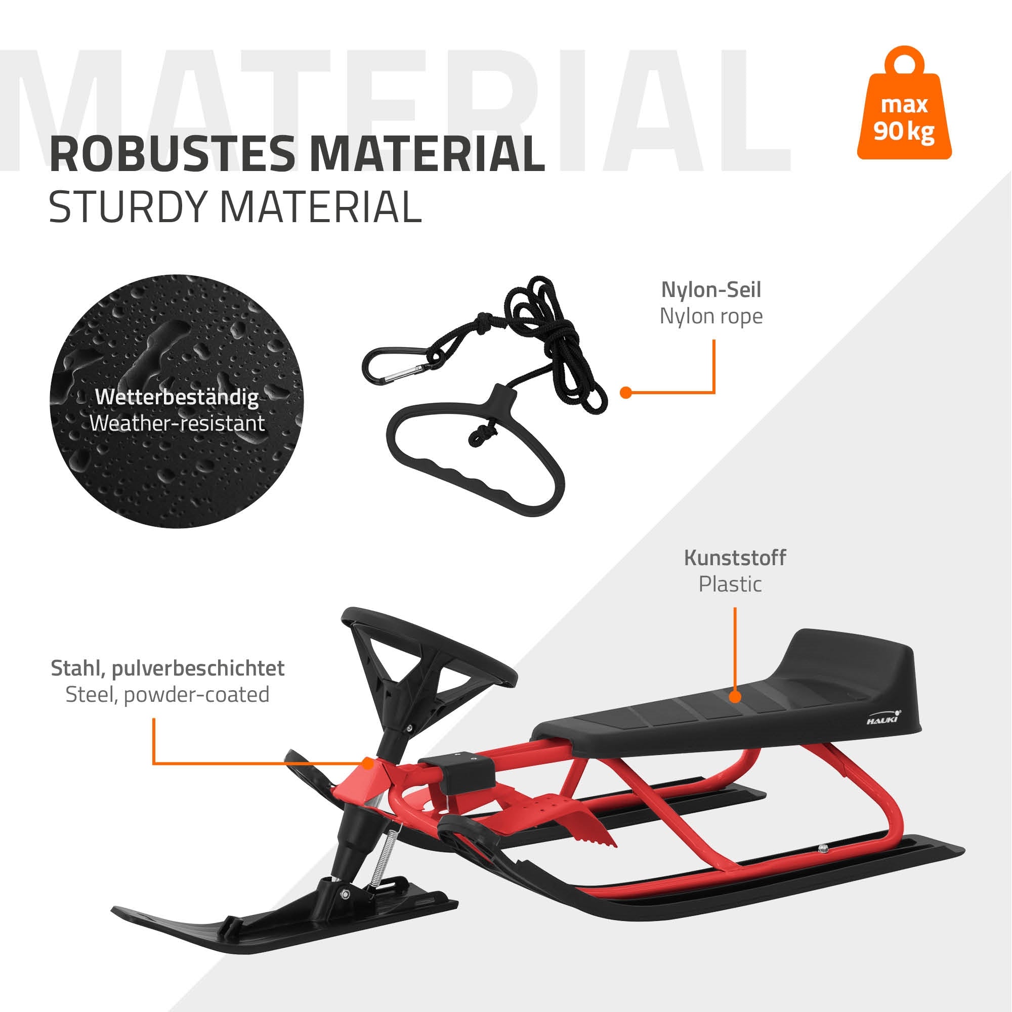 Sled with a red frame and black seat, nylon rope, and plastic parts.