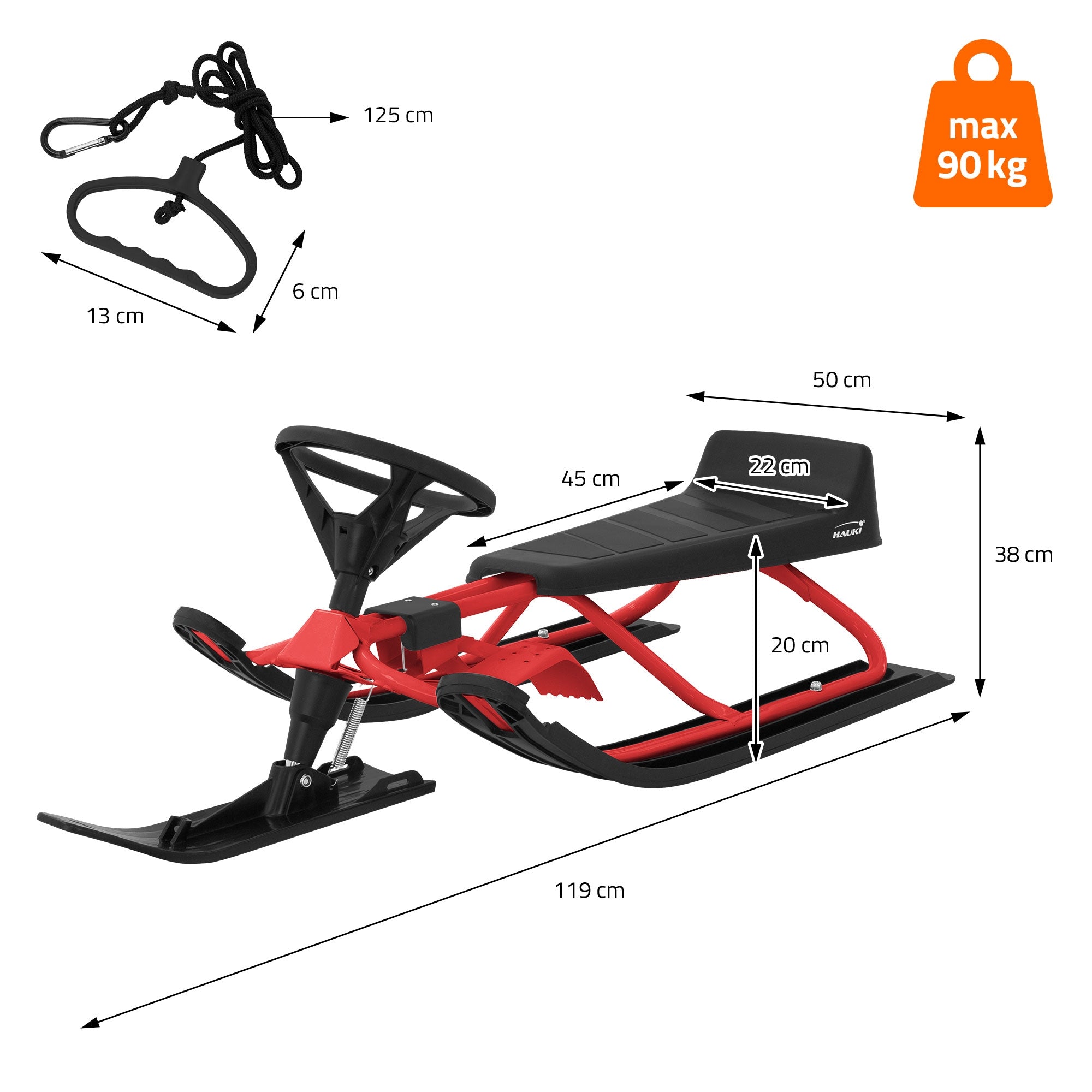 Sled in red and black with measurements and a maximum weight of 90 kg.